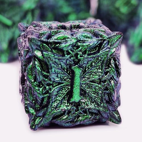 HAOMEJA Juego de dados de metal con hojas de vid DND, 7 dados poliédricos para juegos de rol D&D, dados sólidos de mazmorras y dragones (verde azul)