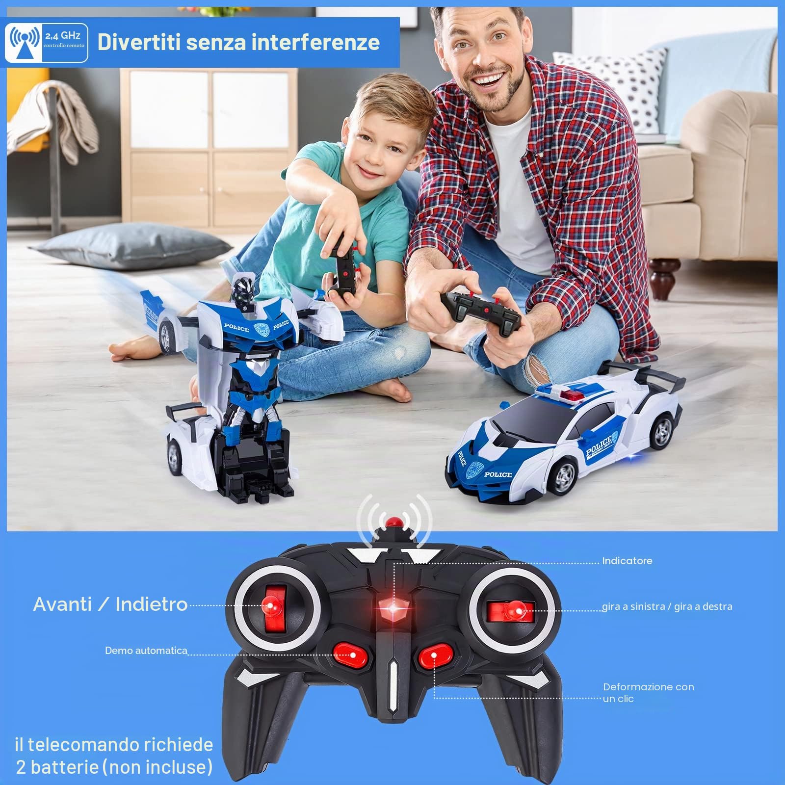 Thedttoy Macchina Telecomandato Robot Trasformatore Giocattolo per Bambini 3 Anni+, 2.4GHz Telecomando Trasformazione Auto Radiocomandata Robot da Corsa RC Auto Giocattolo per Ragazzi Ragazze (Blu)