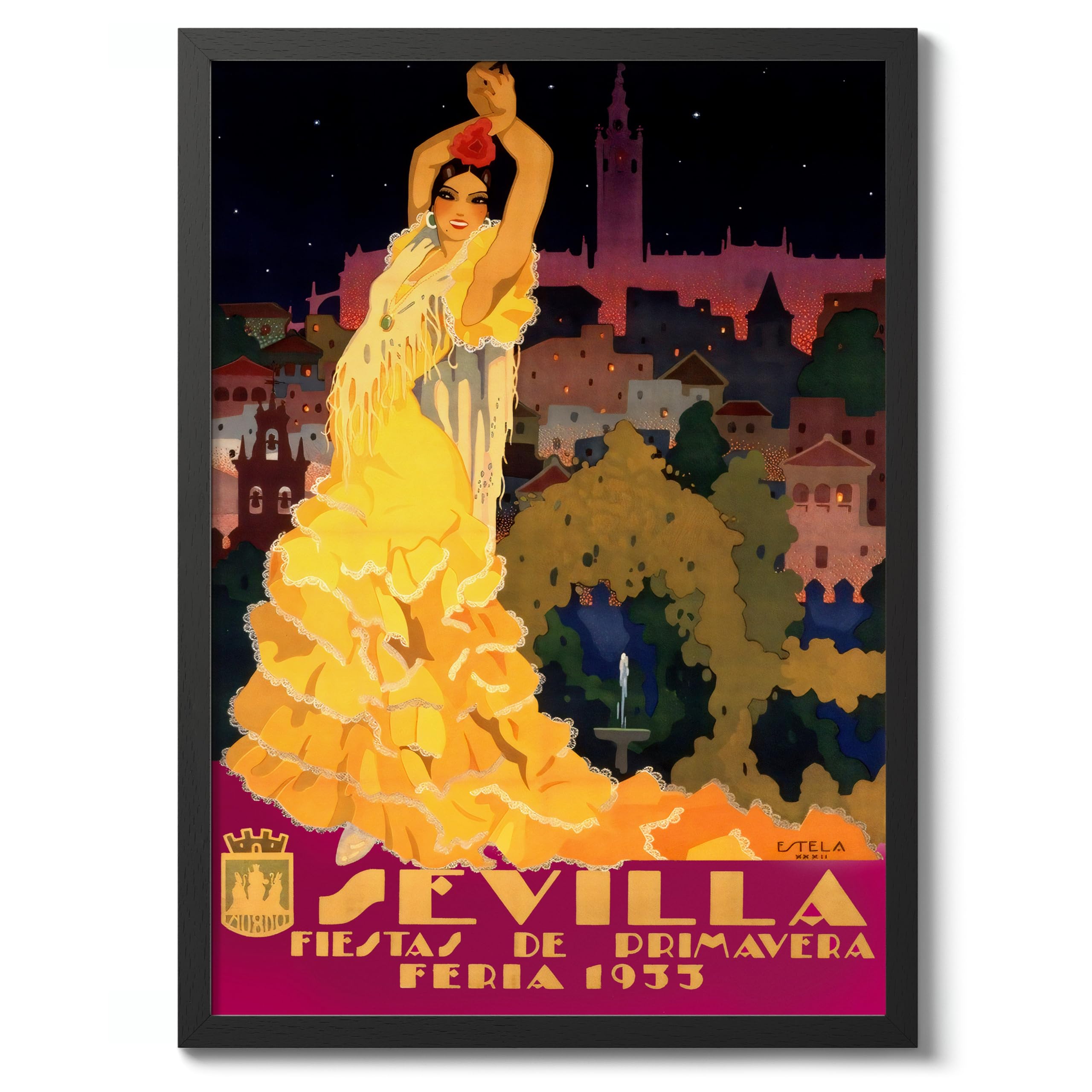 Sevilla, Spain Vintage Spanish Travel Poster, Retro Spain Tourism Print, Decoration Wall Art Seville Landmark Bedroom Decor, A3 (Black Frame) - 45x32.8cm