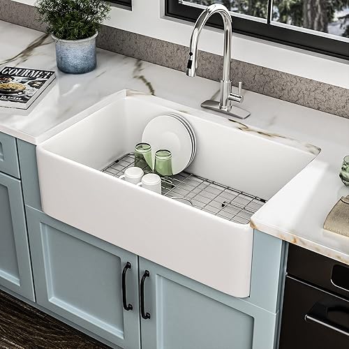 Miniatura 3 de Fulorni - Fregadero de cocina de 33 x 20 pulgadas, color blanco, delantal plano frontal de porcelana de cerámica blanca de arcilla refractaria