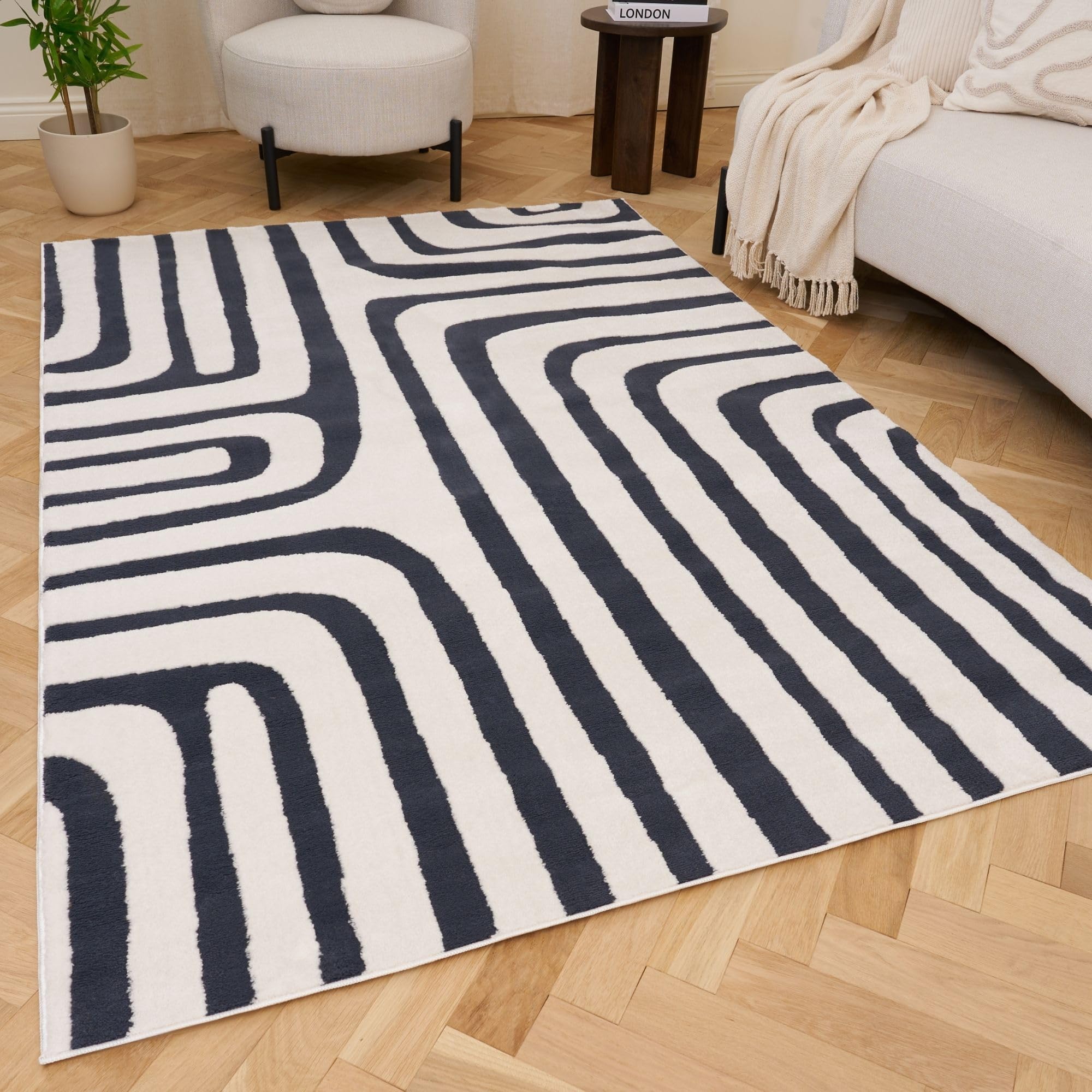 THE RUGS Living Room Rug, Loft Collection – Modern Textured 14mm Soft Pile Area Carpet, Non-Shedding & Easy Care [ Geometric Blue, 80x150 cm]