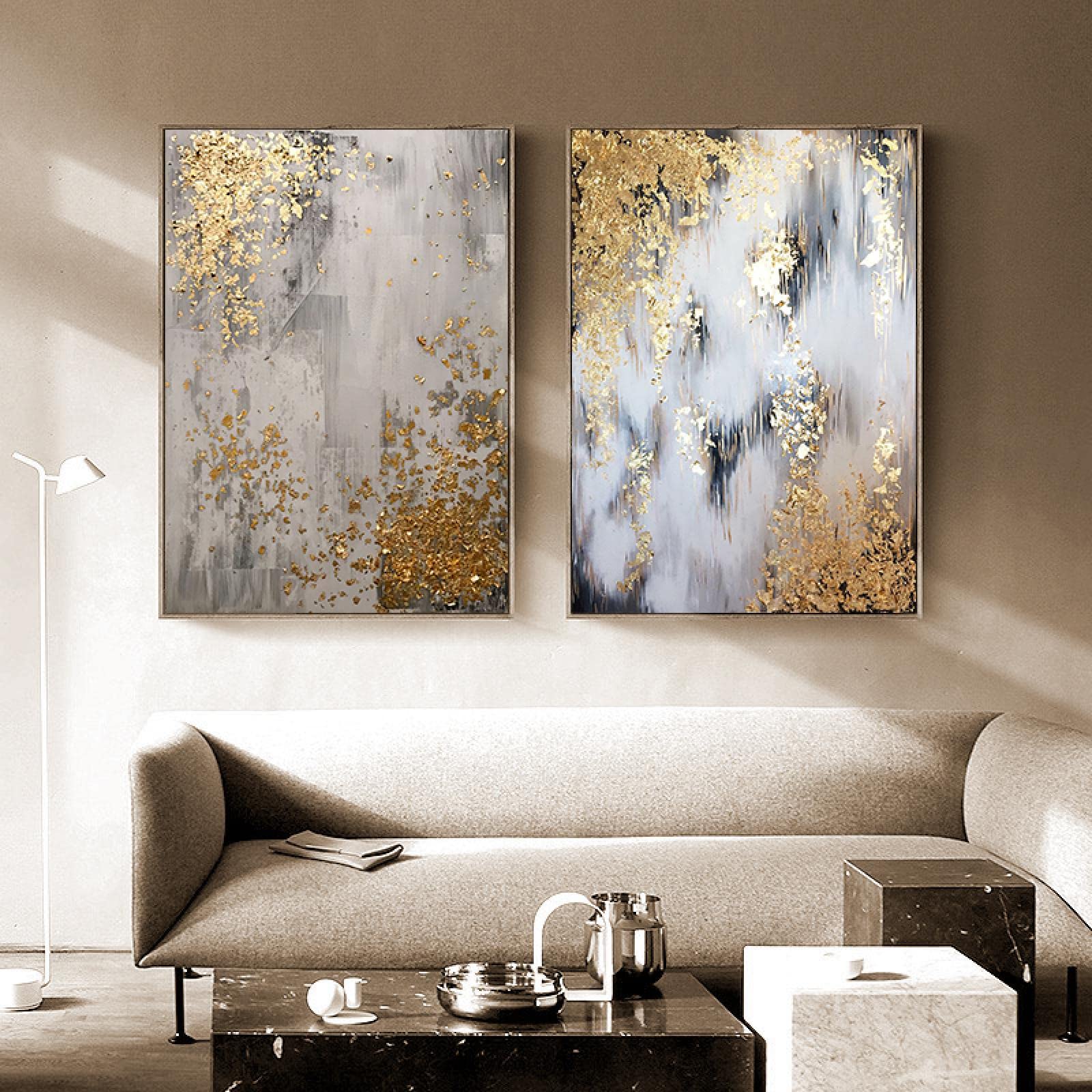 Art mural abstrait Lot de 2 impressions encadrées Poster Wall Art Toile Peinture Vintage Golden Minimalist Luxury Picture 20x35cm(8x14in) x2 avec cadre