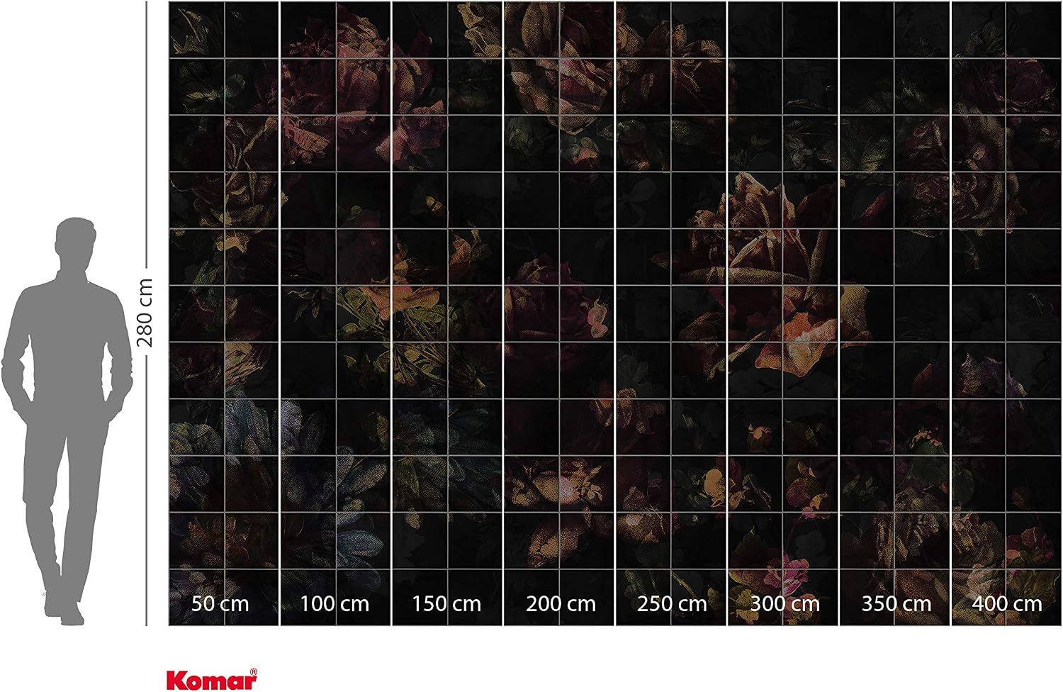 Komar Non-Woven Photo Wallpaper Tiles Flowers for Living Room, Bedroom, Flowers, Size: 400 x 280 cm (W x H), 8 Panels, Width 50 cm