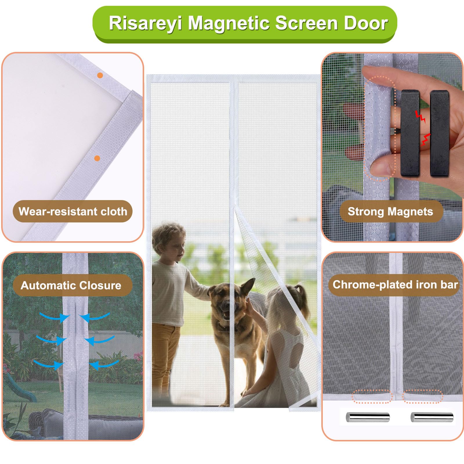 Risareyi Zanzariera Magnetica per Porte Finestra 120x230cm, Bianco Vetroresina Rete Super Resistente Tenda Zanzariera con Calamita Anti Zanzare, per Balcone Soggiorno, Facile da Montare