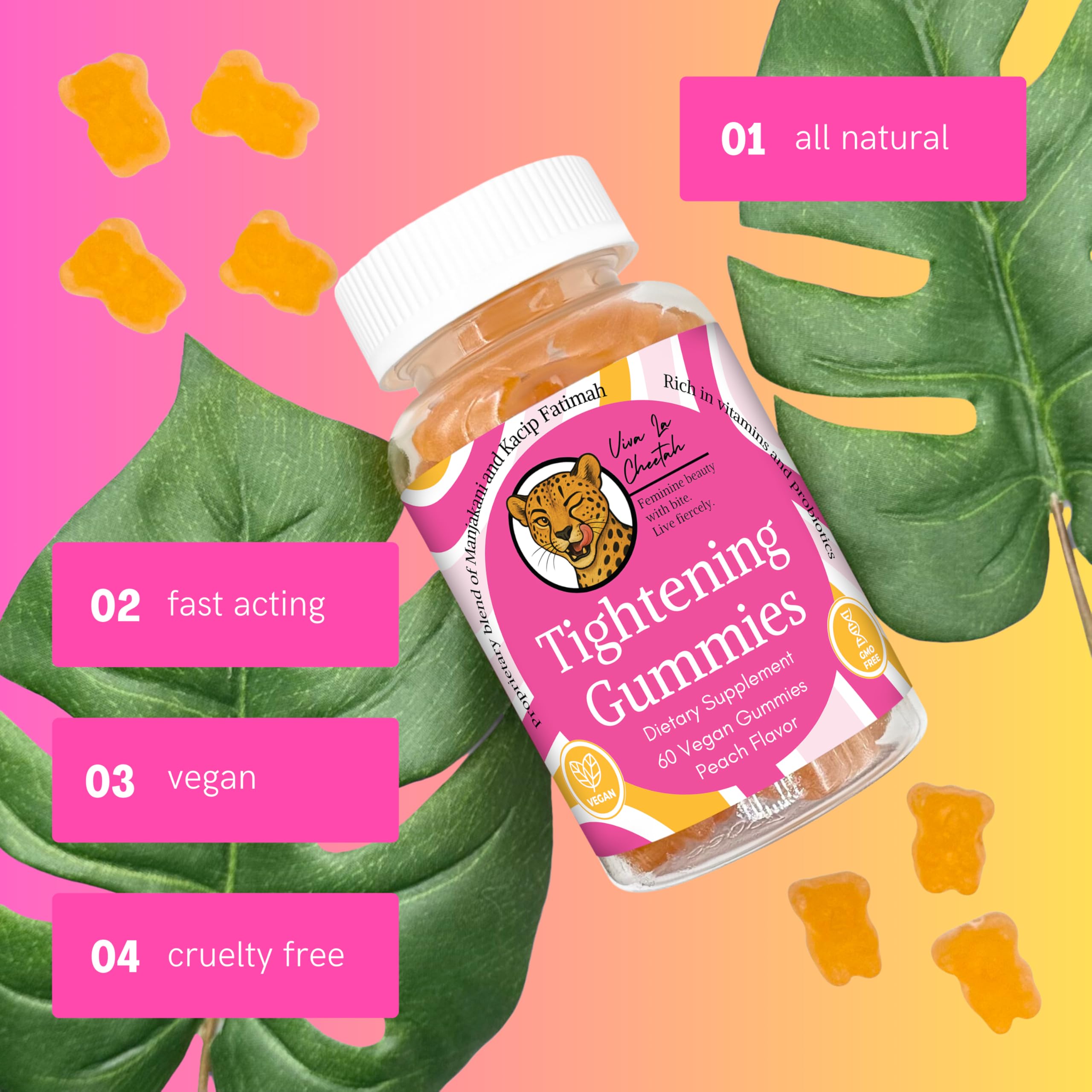 Vaginal Tightening Gummies, 2 Month Supply, V Tight, 60 Vegan Tightener Gummy Vitamins, Natural Tightening Pills for Tighter Vag, pH Balance, Vaginal Health (Peach)