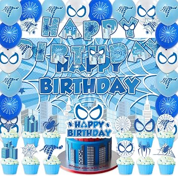 42pcs Blue Spider Party Supplies Blue Spiders Set Include Spider Web Balloons,Banner,Cake Topper,Backdrop for Boys and Kids Spider Themed Birthdays Decorations