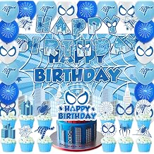 42Pcs Happy Spider Themed Birthday Party Decoration Disposable Cartoon Web Banner, Cake Toppers, Balloons Supplies for Baby Shower Decor Spider Happy Birthday Decoration
