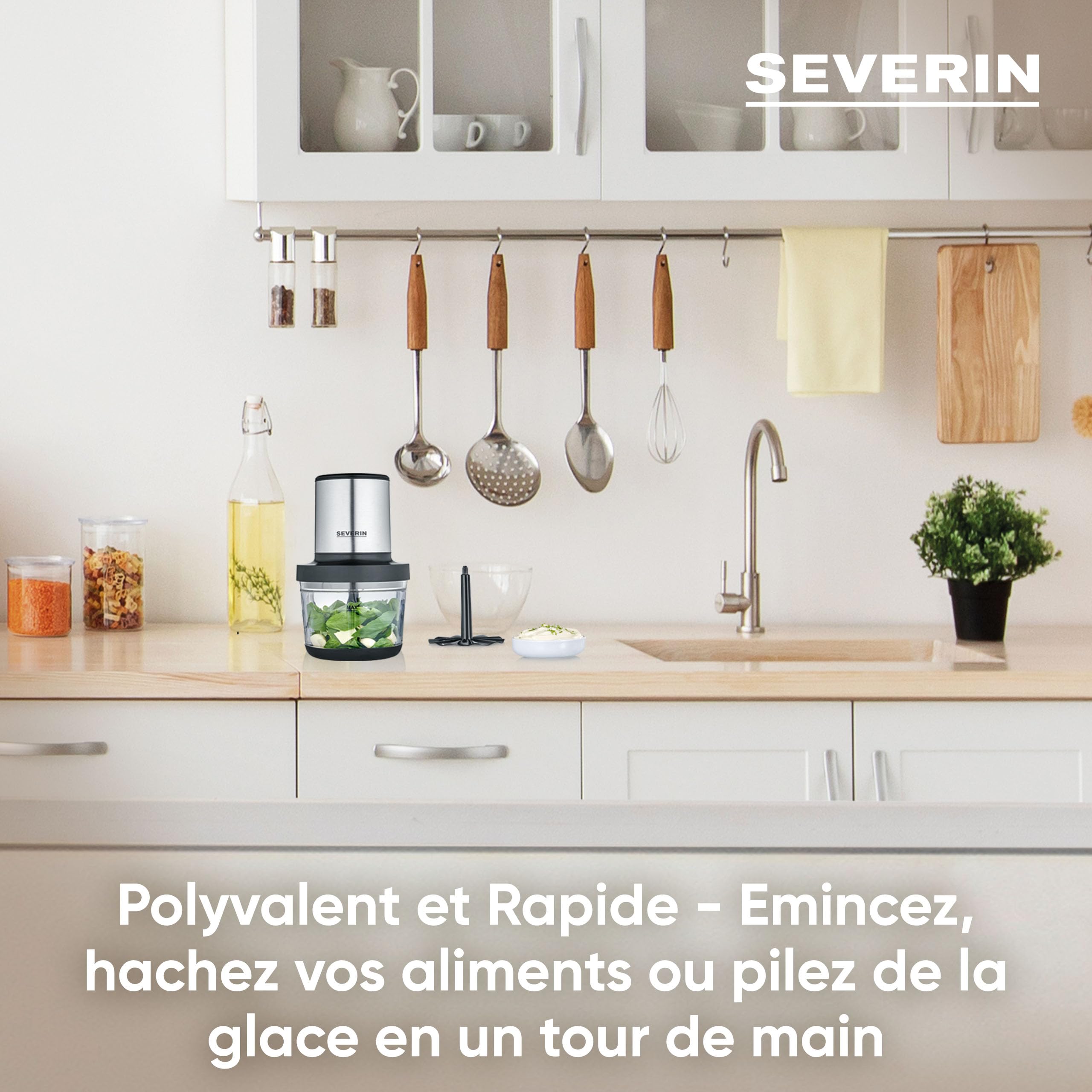 SEVERIN Hachoir électrique 400 W multifonction d'une capacité d'1 Litre, garanti sans BPA, Hachoir à viande, oignons, herbes, fromage, etc., Broyeur universel, noir mat/inox, KM 3867