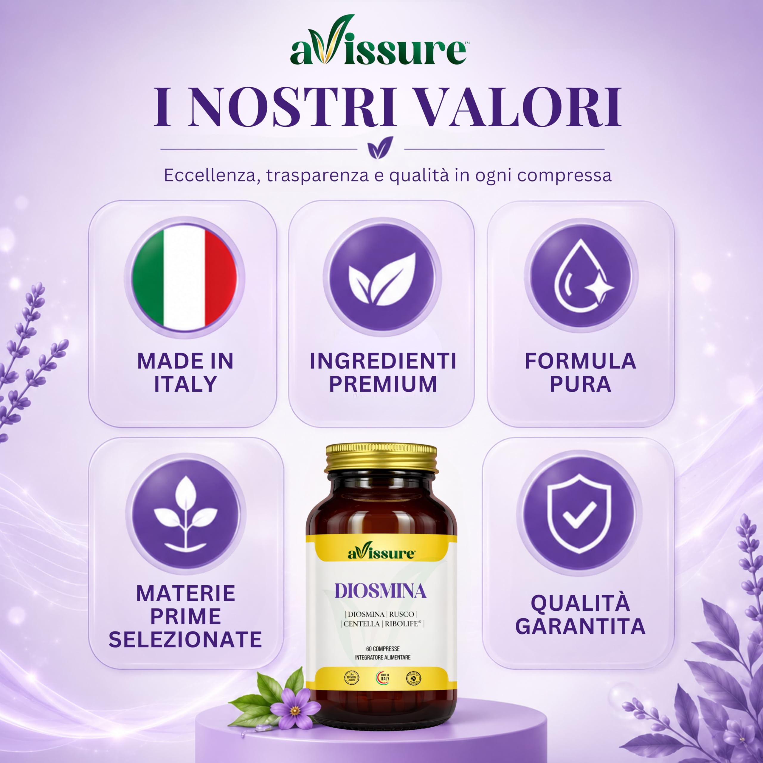 Diosmina 600mg avissure, Integratore Microcircolo e Circolazione Venosa, con Rusco e Centella, Supporto Gambe Pesanti e Benessere Vascolare, con Ribolife®, 60 Compresse, Senza Glutine, Lattosio, OGM
