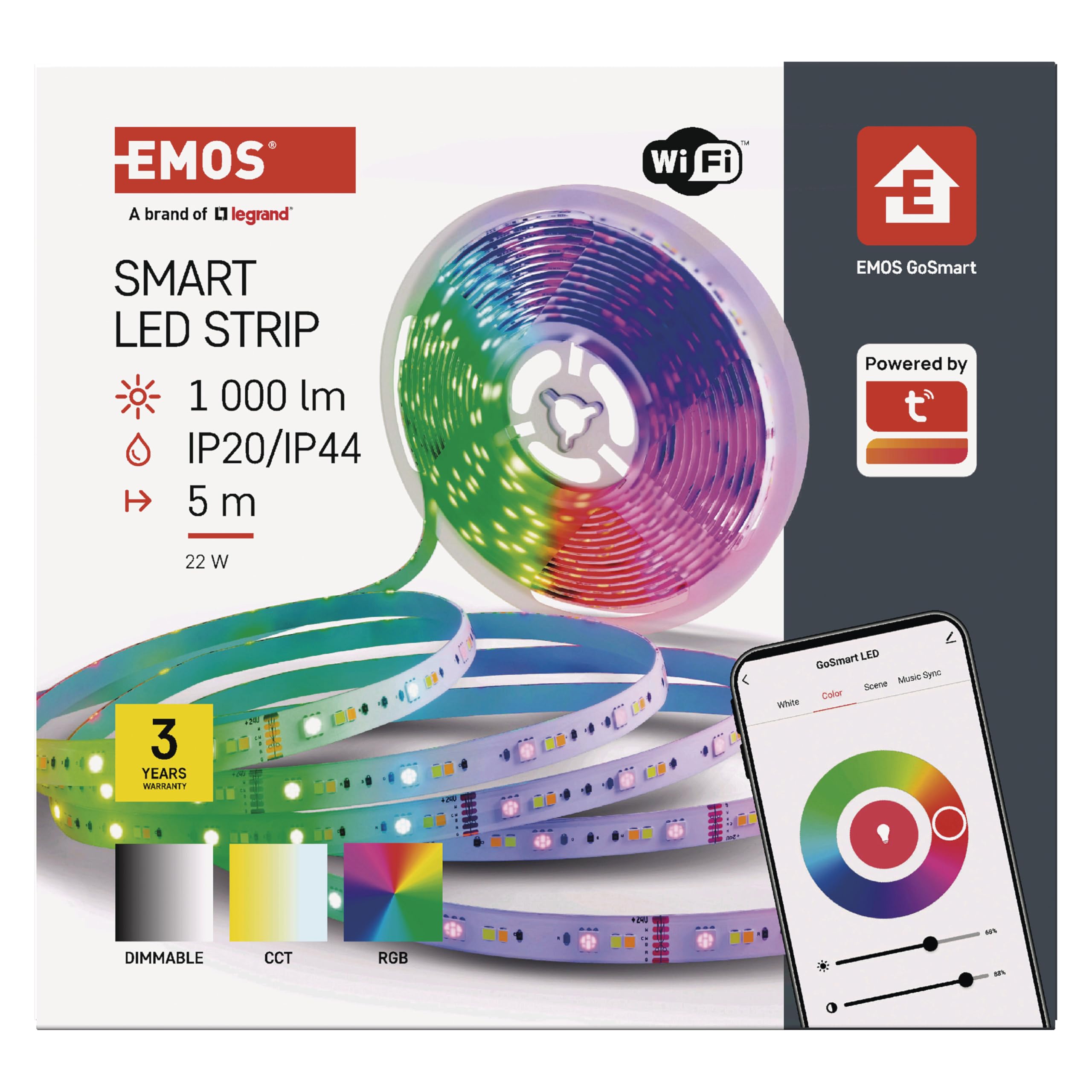 EMOS - Smart LED Strip RGB/CCT 5m - Striscia LED autoadesiva con telecomando e app - 16 milioni di colori, sincronizzazione musicale, timer - Ambiente e illuminazione per feste - Include 1,5 cavi e