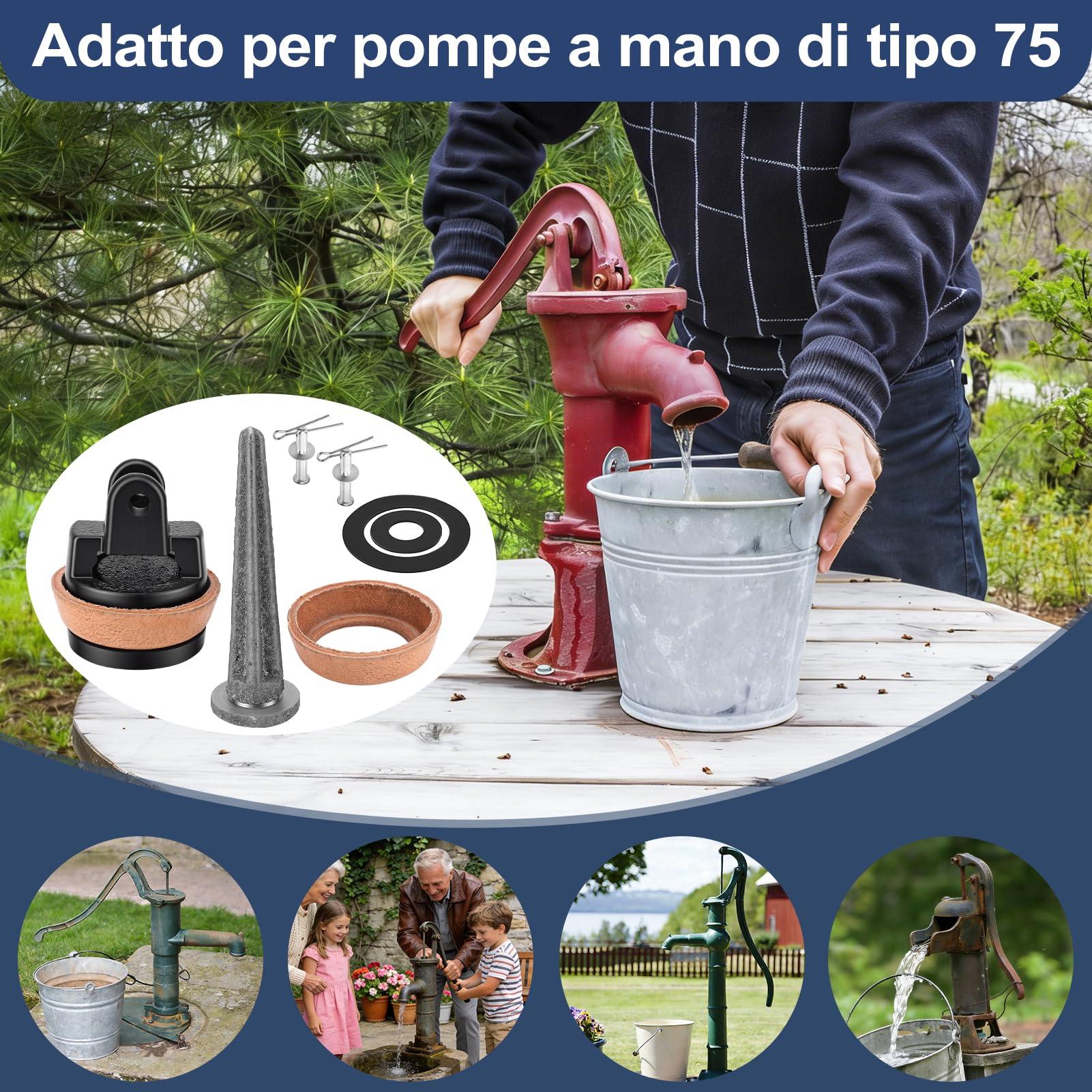 Kit Pistone di Ricambio per Pompe per Impugnature, pompa da giardino a mano dell'acqua di Tipo 75 con valvola perforante, rivestimento in pelle, pistone ad anello di tenuta