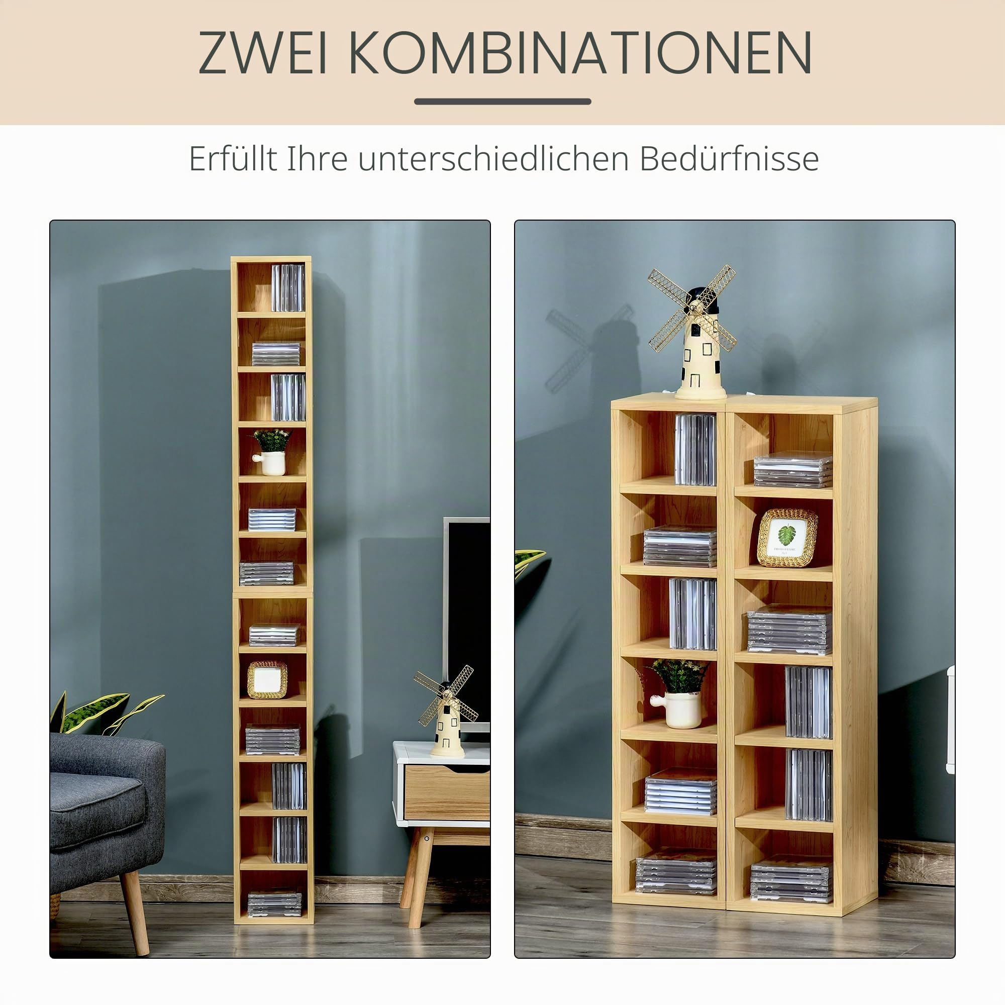 HOMCOM Set mit 2 Säulenregalen, CD-DVD-Schrank, 6 + 6 Fächer, Maße: 21 x 19 x 88 cm (L x B x H), max. 160 CDs, Farbe Buche
