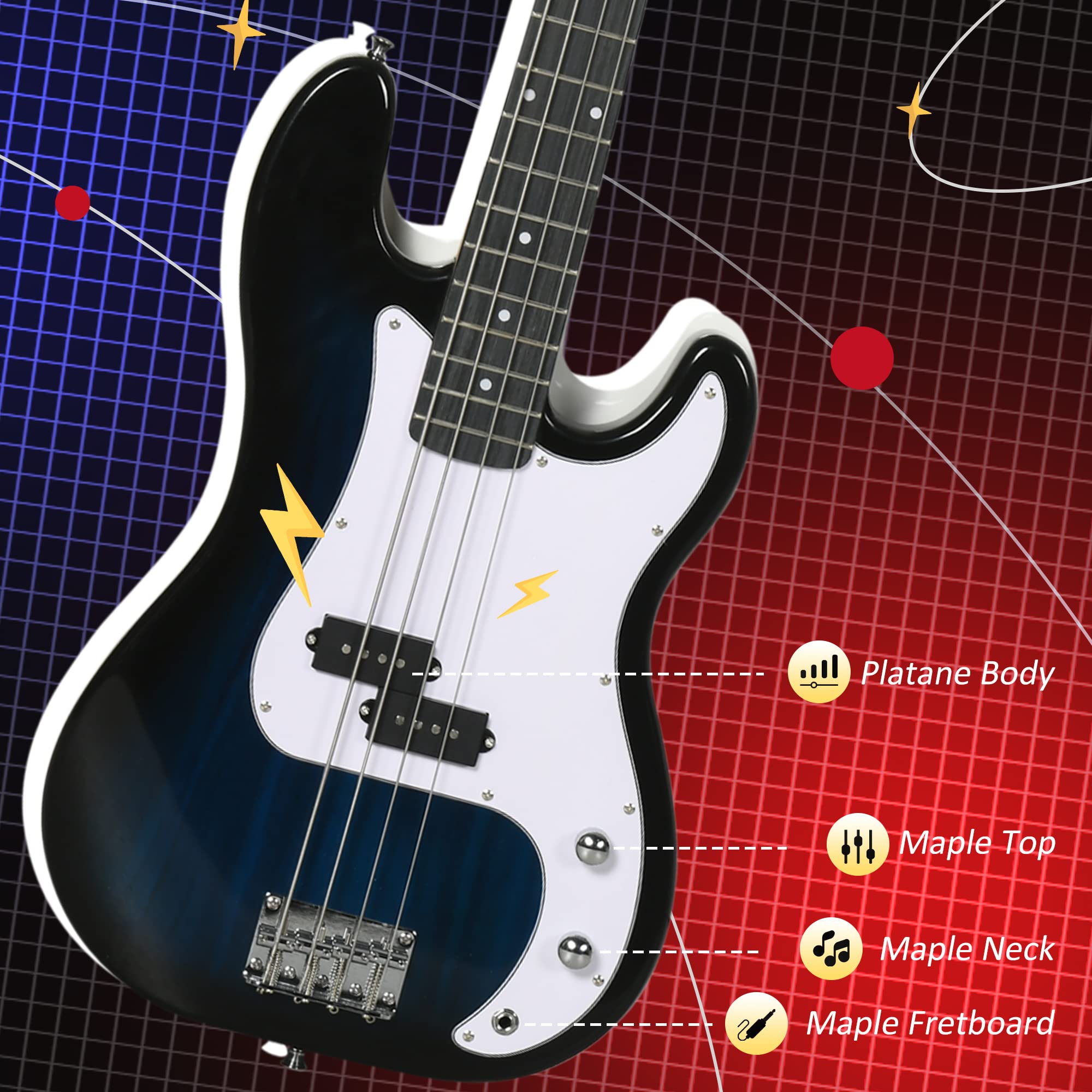 SPORTNOW Guitarra Bajo Eléctrico de 4 Cuerdas con Amplificador de 15W, Bolsa, Correa y Púas, Azul Oscuro | Bandolera, Púas