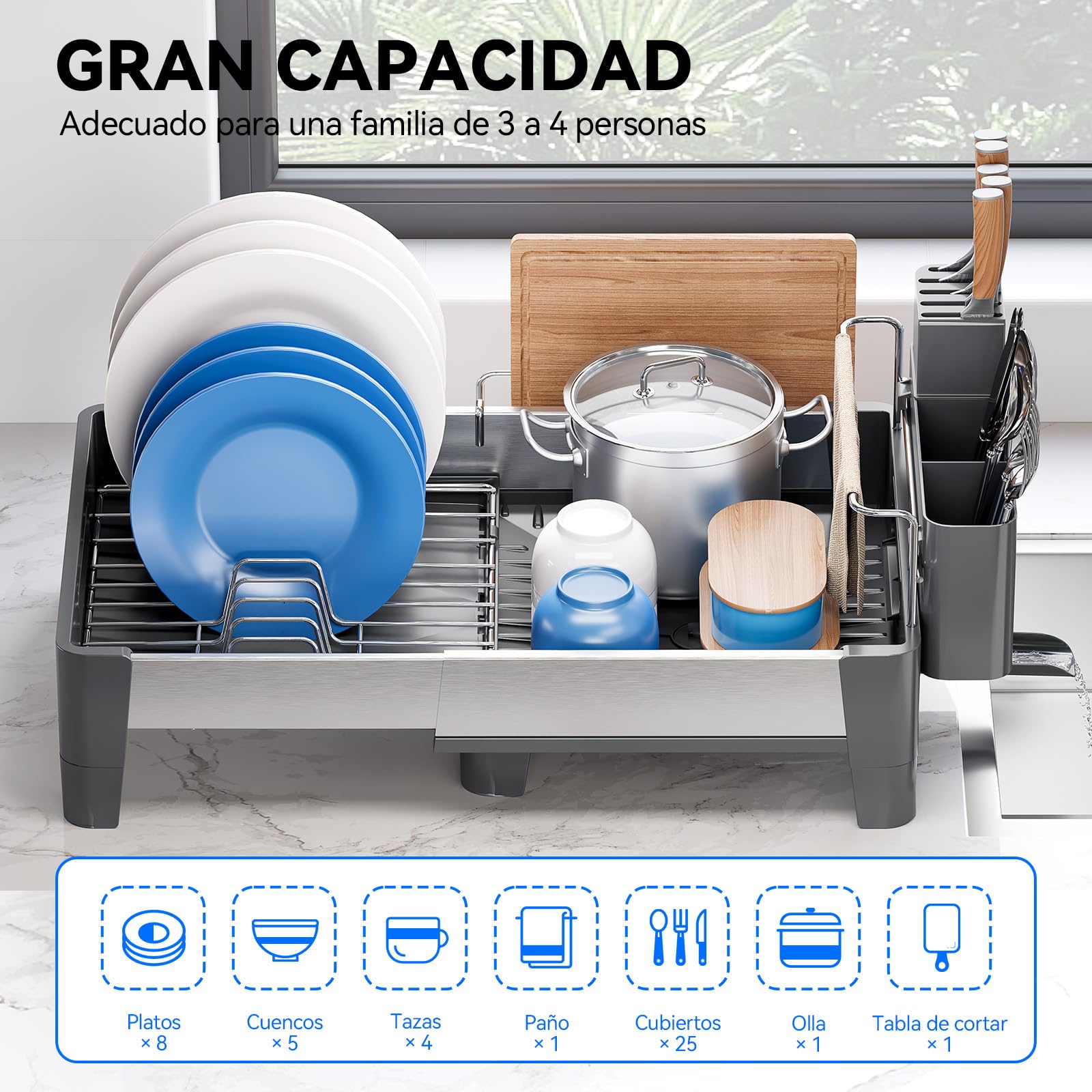 Urackify Escurridor de Platos, Gris | Extensible, Acero Inoxidable, Aluminio, Soporte Utensilios Extraíble, para Encimera