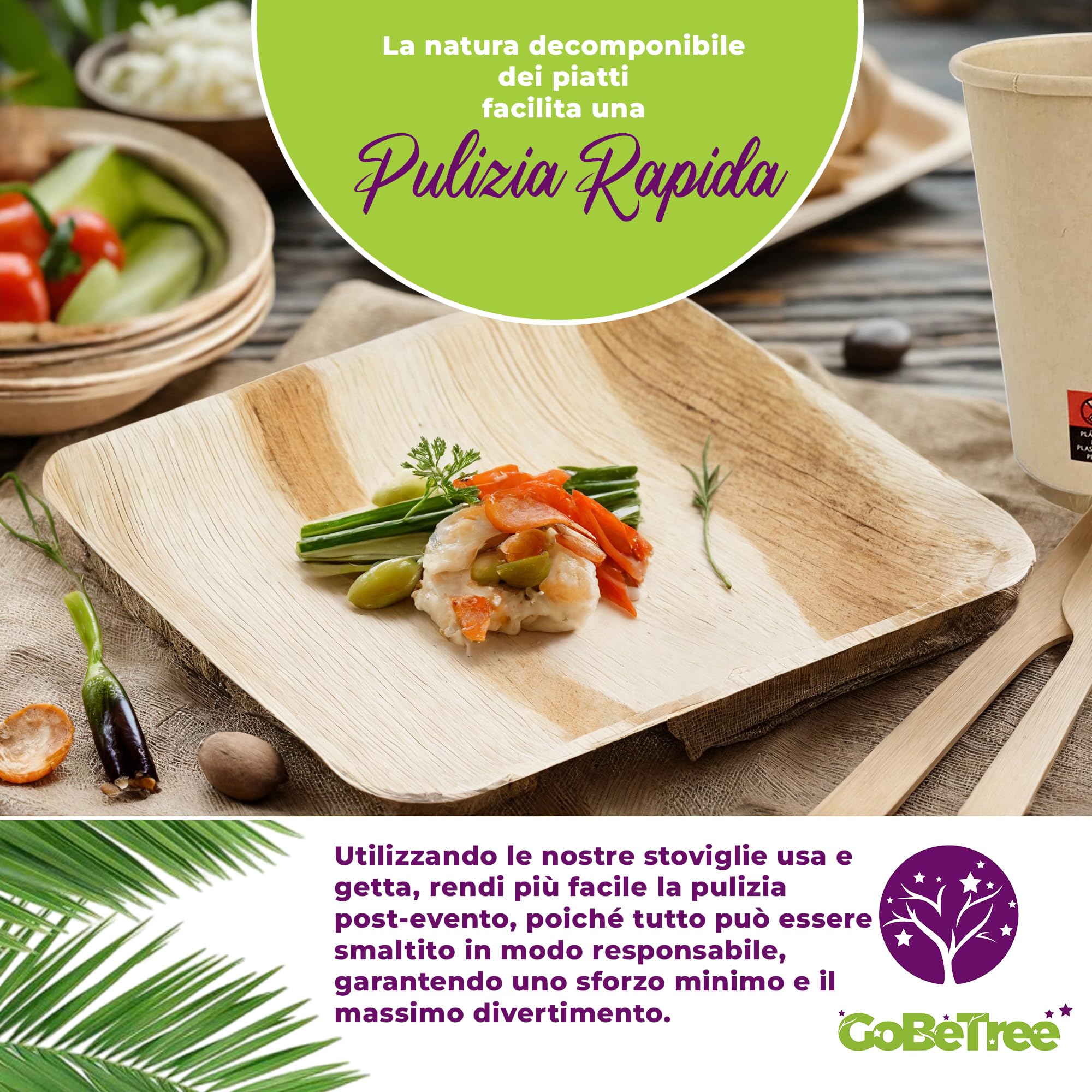GoBeTree Stoviglie Monouso Foglia di Palma 180 Pezzi per 25 Persone. Set Completo Piatti, Bicchieri, Posate e Tovaglioli per Compleanno, Catering e Buffet — Look Simile al Bambù