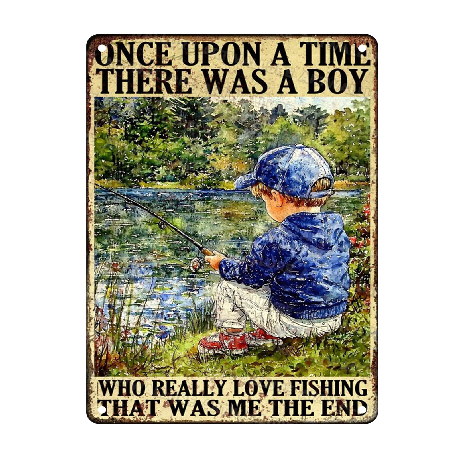 Boy and Fishing Vintage Sign There was A Boy Who Love Fishing Metal Sign for Home Man Cave Bar Cafe Kitchen Wall Decor 12x16inch