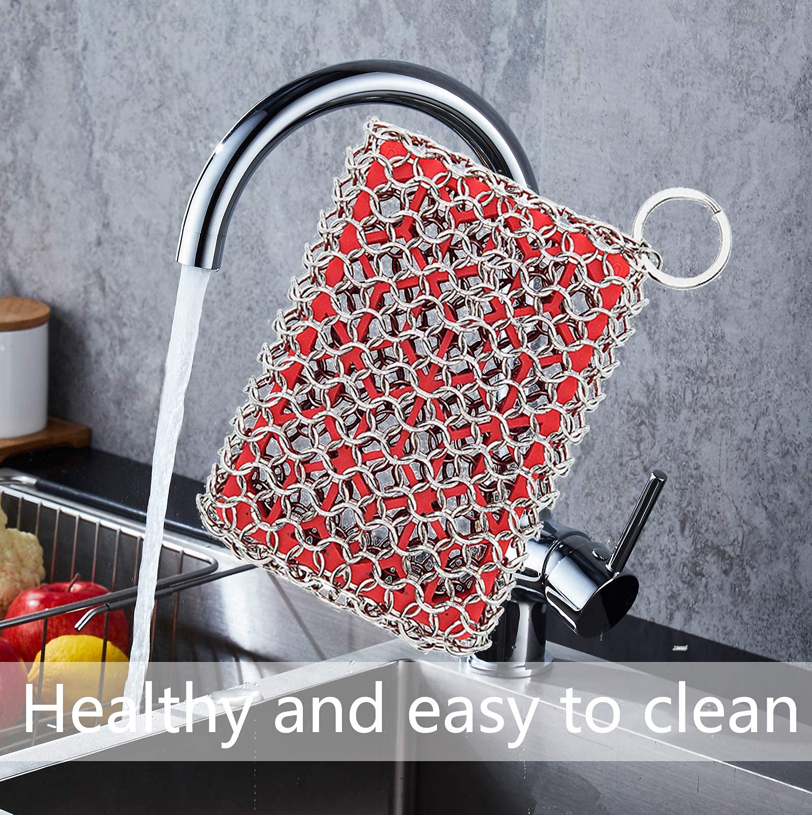 Gadught Pulitore In Ghisa Chainmail Con Inserti In Silicone - Spazzola In Acciaio Inox Per Pentole, Padelle E Wok - Rosso