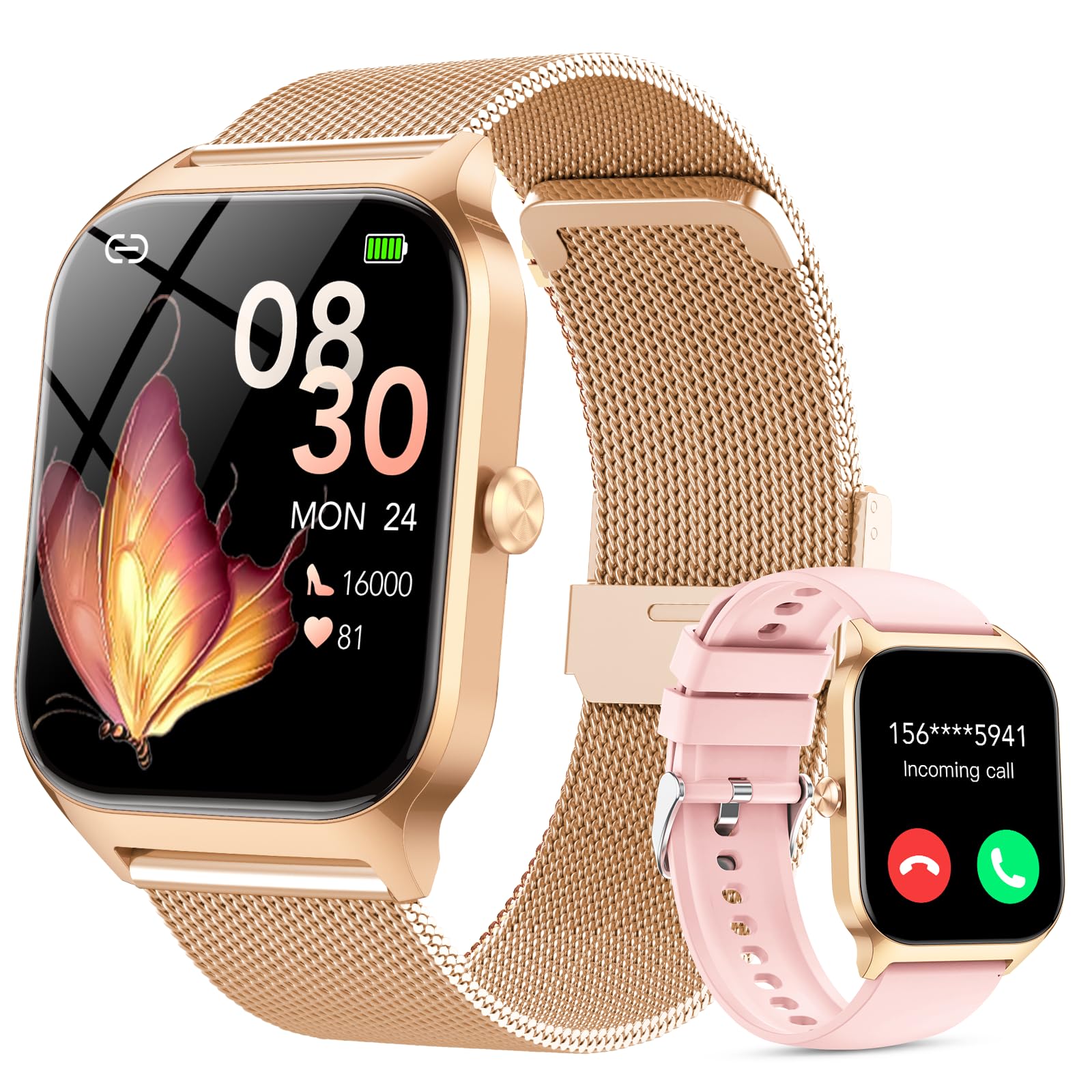 CASCHO Smartwatch Mujer Elegante 1.85″ HD con Llamadas Bluetooth y Asistente IA, Reloj Inteligente Mujer con 2 Correas, Sueño, Frecuencia Cardíaca y Oxígeno en Sangre, Android iPhone（Oro Rosa）