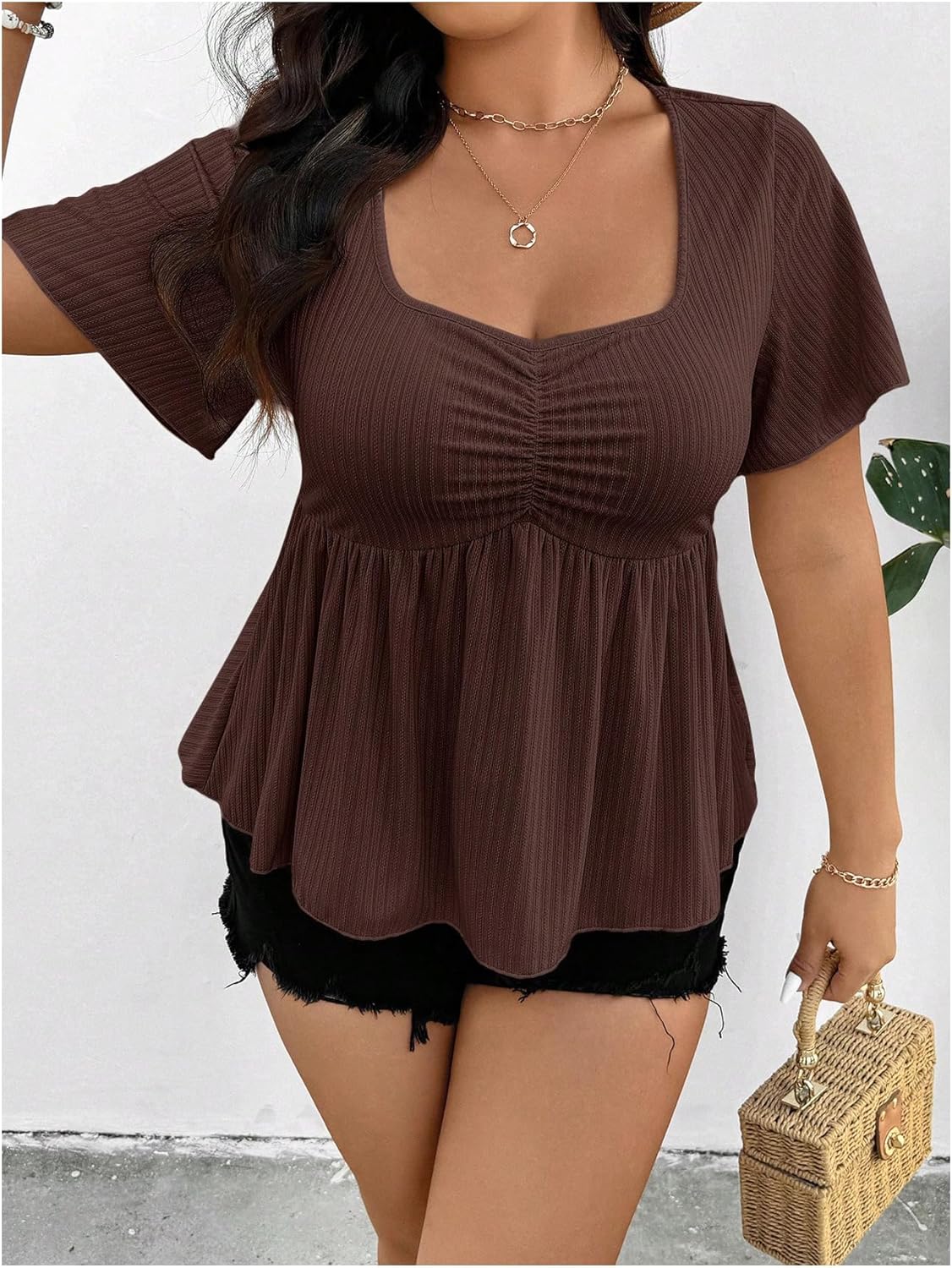 Women's Plus Size Peplum Tops Ruffle Short Sleeve Ruched Babydoll Tops Going Out T Shirts - Image 3