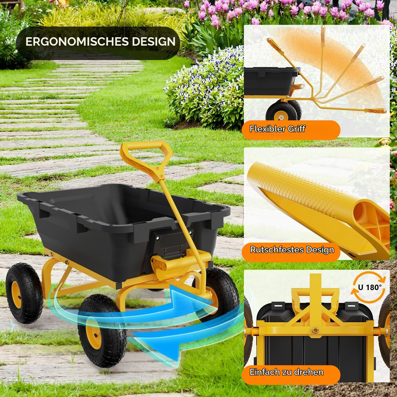 Bonnlo Schubkarre 4 Räder mit Kippfunktion,Schwerlast-Kippwagen, 363 kg Tragfähigkeit, Schnellverschluss-Kippwagen, Gartenwagen für Garten, Hof und Strand,105 * 66 * 82CM,Gelb und Schwarz