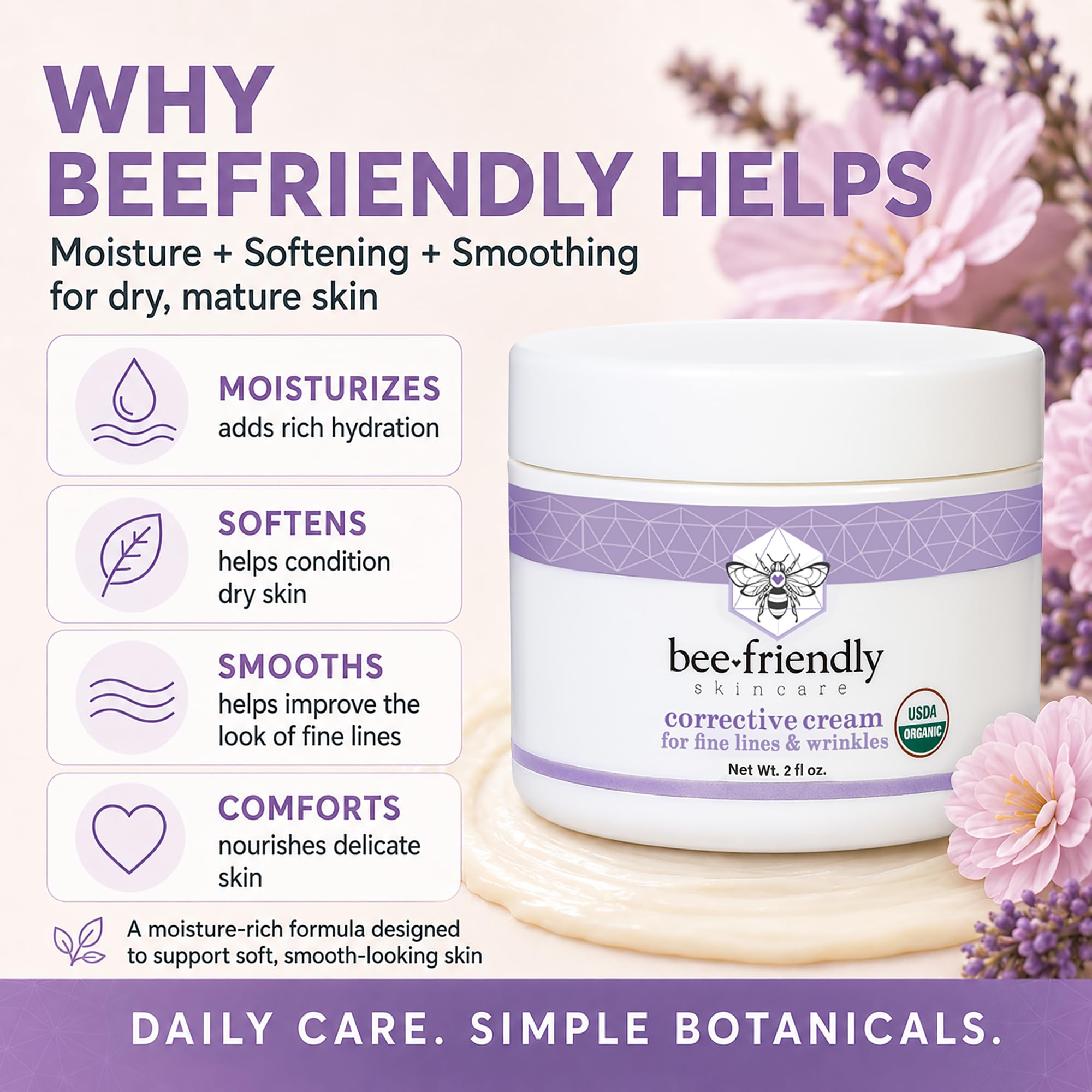 BeeFriendly Bio-Korrekturcreme für das Gesicht, USDA-zertifiziert, reichhaltige Anti-Aging-Gesichts-Nachtcreme für empfindliche Haut, hilft bei feinen Linien, Falten, Krähenfüßen, Augen, Gesicht, Hals