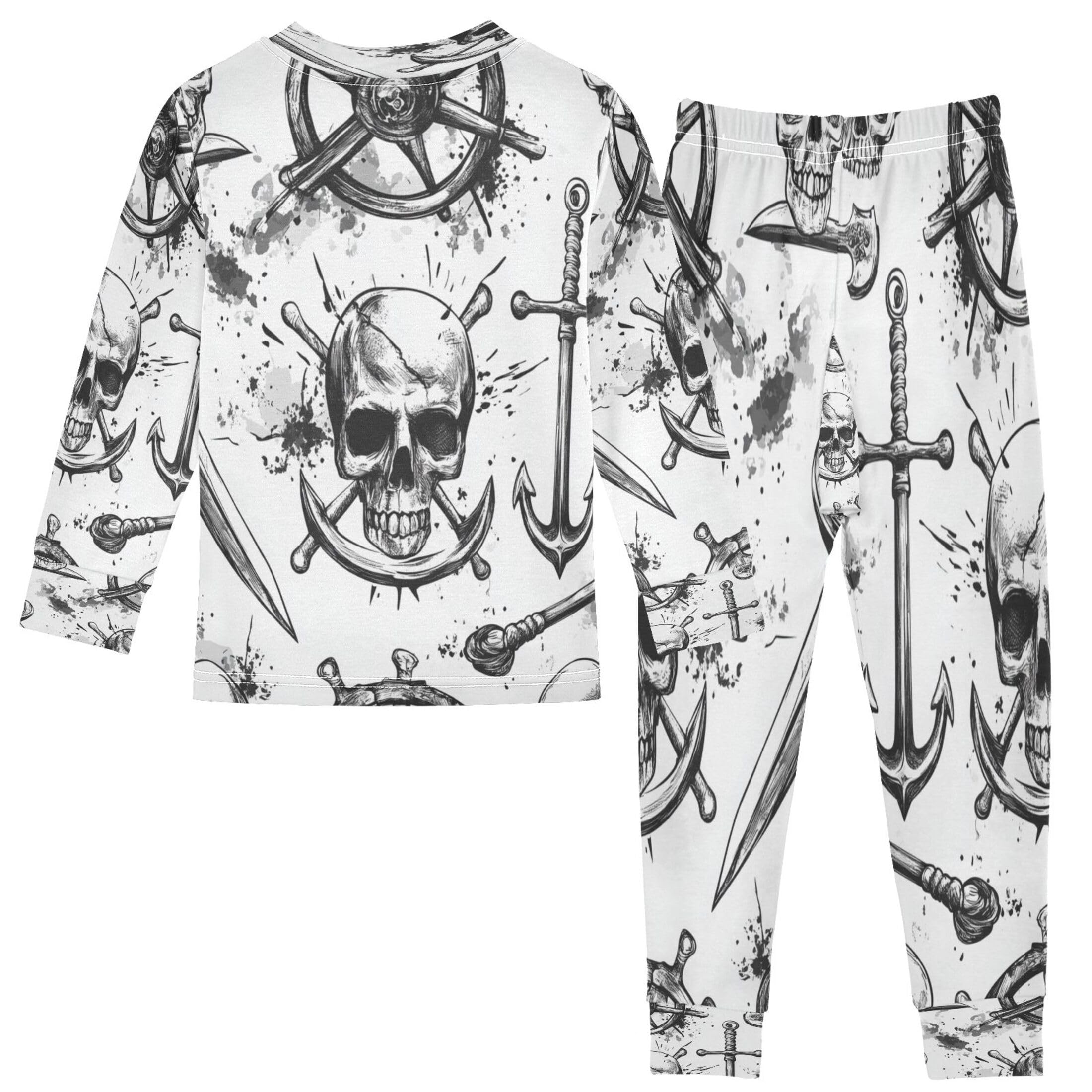 Vozoza Pirate Skulls Swords Black Pajama Sets Long Sleeve Top with Pants Cotton Soft Sleepwear 2 Piece Pjs Set Size 5T