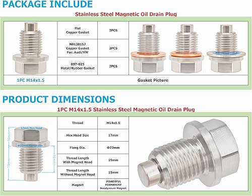 Miniatura 2 de 1 tapón magnético de drenaje de aceite de acero inoxidable M14x1.0.197 in para Honda Accord Civic CR-V Odyssey, Acura Ford GM Mazda Hyundai KIA Audi