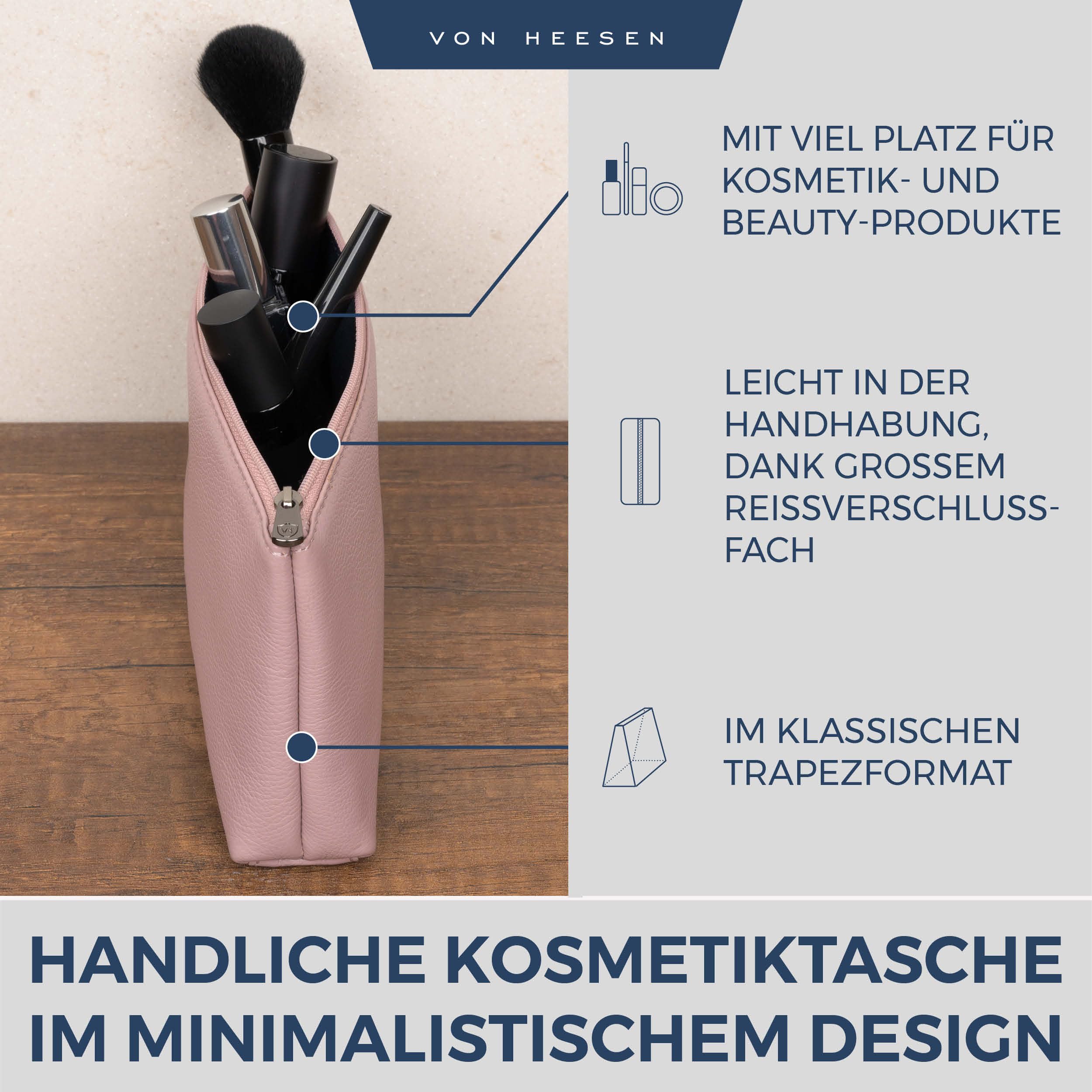 VON HEESEN Echtleder Kosmetiktasche für Damen & Herren - Kulturbeutel aus echtem Leder - Kulturtasche und Waschtasche für Männer und Frauen in Lavendel