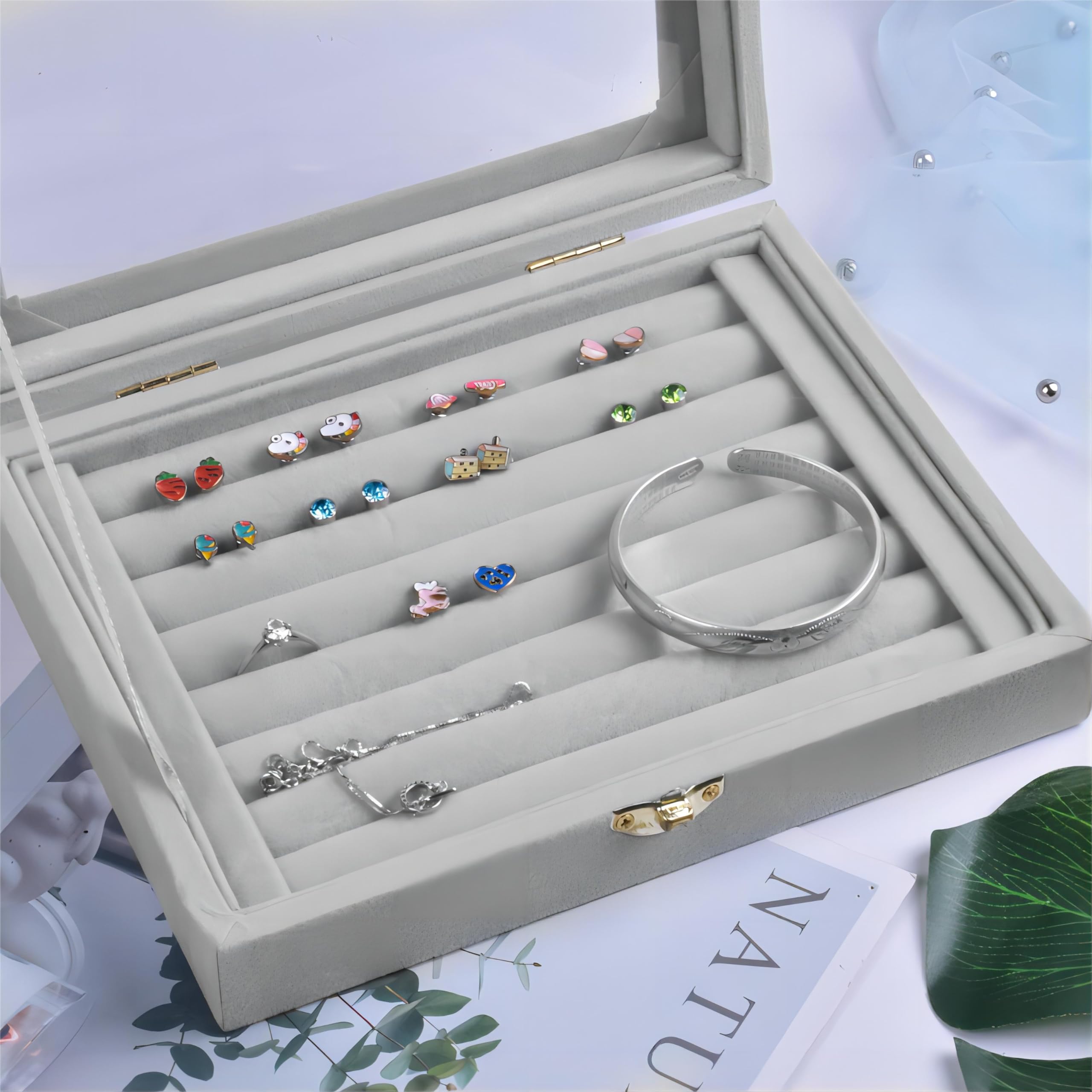 VLANDO Organizzatore di Gioielli in Velluto 3 cassetti con Coperchio in vetro temperato, Espositore Portagioielli da Cassetto per Orecchini Bracciale Bangle Collana e Anelli (Media Grigio