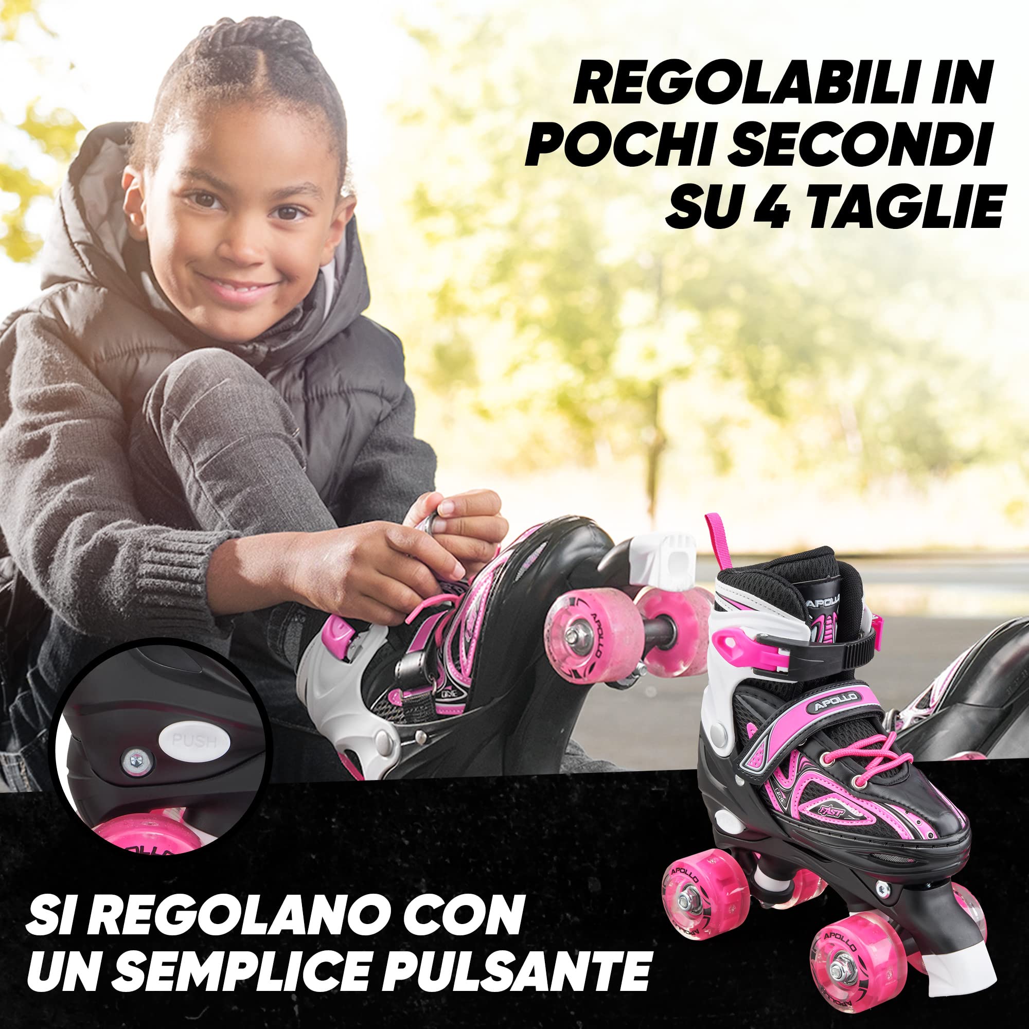 Apollo Super Quad X PRO, Pattini a rotelle LED per Bambini e Ragazzi, Ideali per Principianti, Comodi Pattini a rotelle per Bambine e Bambini