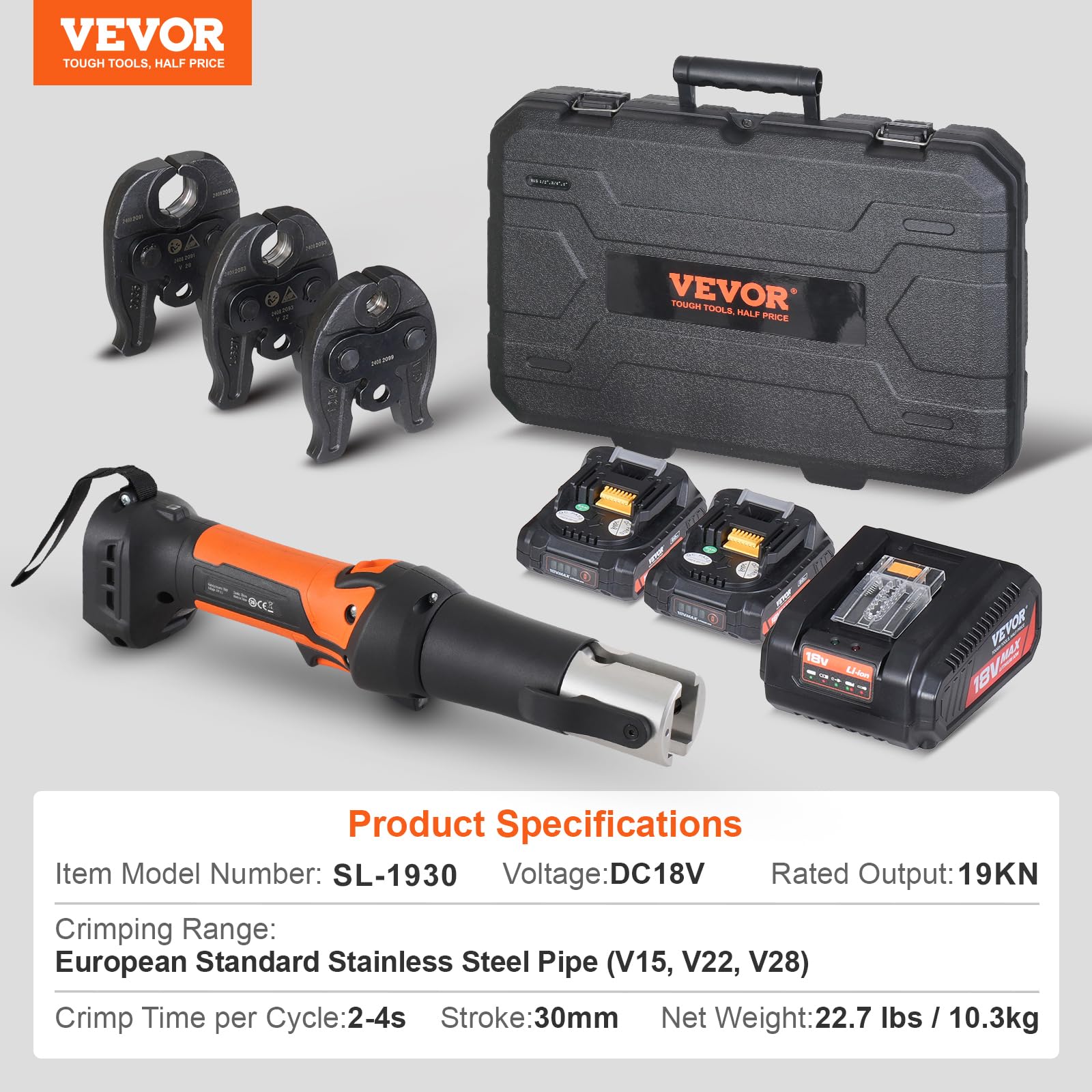 VEVOR Kit de Herramientas para Engarzar Tuberías Eléctricas con 2 Baterías de 18 V 2,0 Ah, Engarzadora Profesional con Mandíbulas V15, V22, V28, Cargador Rápido y Estuche de Transporte 360°