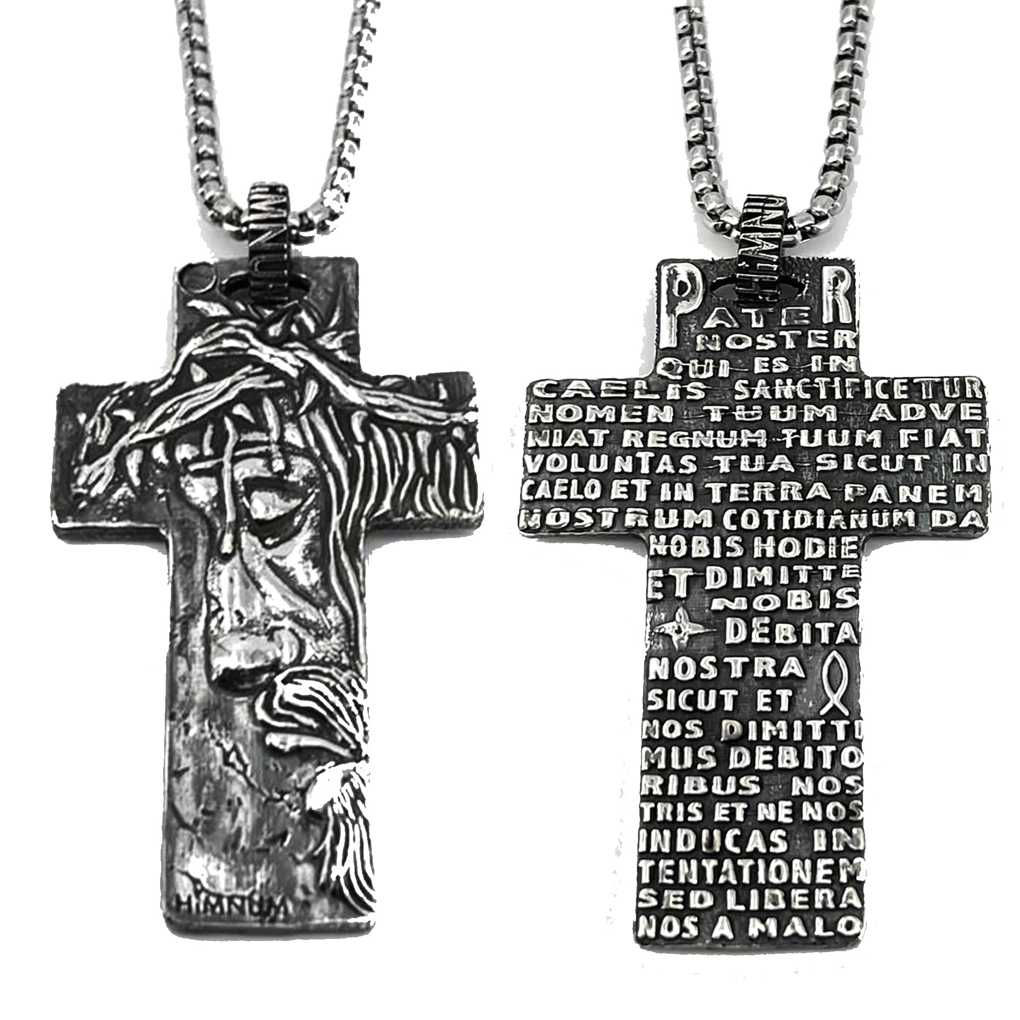 HIMNUM Collar Cruz Colgante Plata de 1ª Ley 925 y Cadena de Acero. Crucifijo reversible Cristo Coronado de Espinas y Padre Nuestro. Amuleto de Protección y Suerte. Regalo Único.