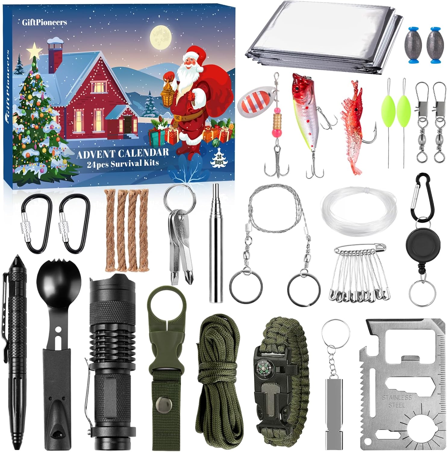 Survival Kit Advent Calendar 2025, 24 Days Christmas Countdown Calendar Emergency Survival Tool for Men Teen Adult, Survival Gear Xmas Surprise Gifts for Outdoor Camping Fishing Hunting Adventure