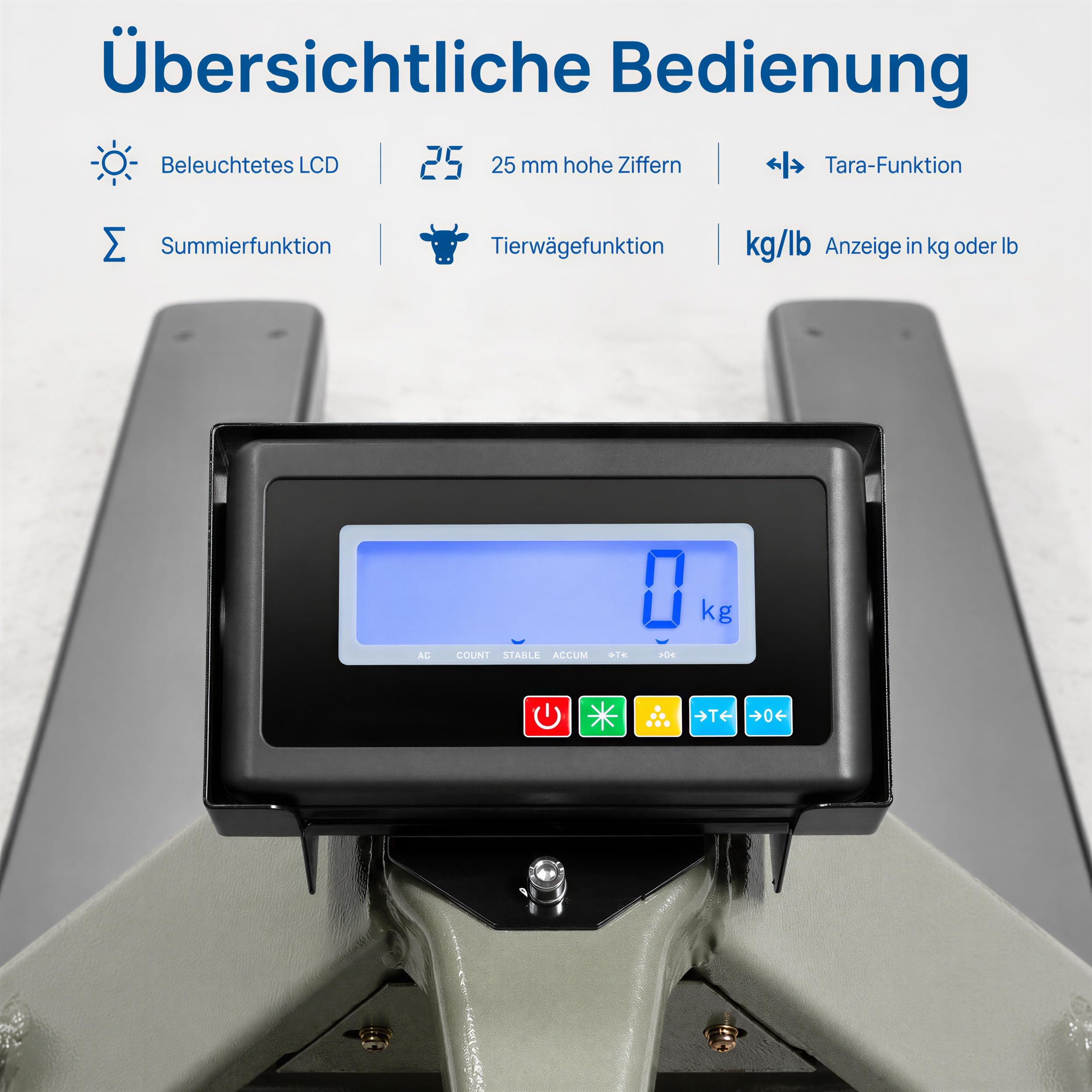 WKA Wiegehubwagen WH-2500 Plus, 2500 kg, 200 g, Hubwagen mit Waage | 2.500 kg Tragkraft, 200-g-Anzeigeschritt, 4 DMS-Wägezellen, Akku, LCD, Tara, Summieren, PU-Tandemrollen