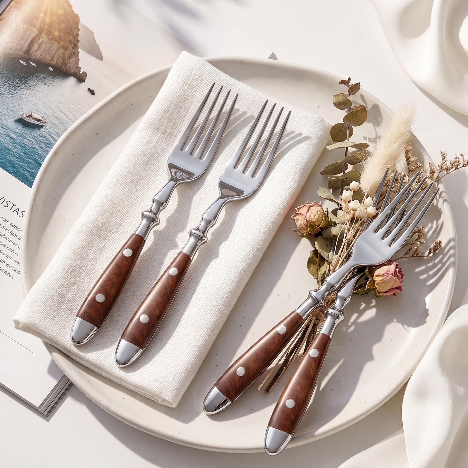 Dinner Forks, 8-Pack Stainless Steel with Wood Grain Bakelite Handle, 7.9 Inches for Salad, Noodle, Dishwasher Safe — Amazon image 3