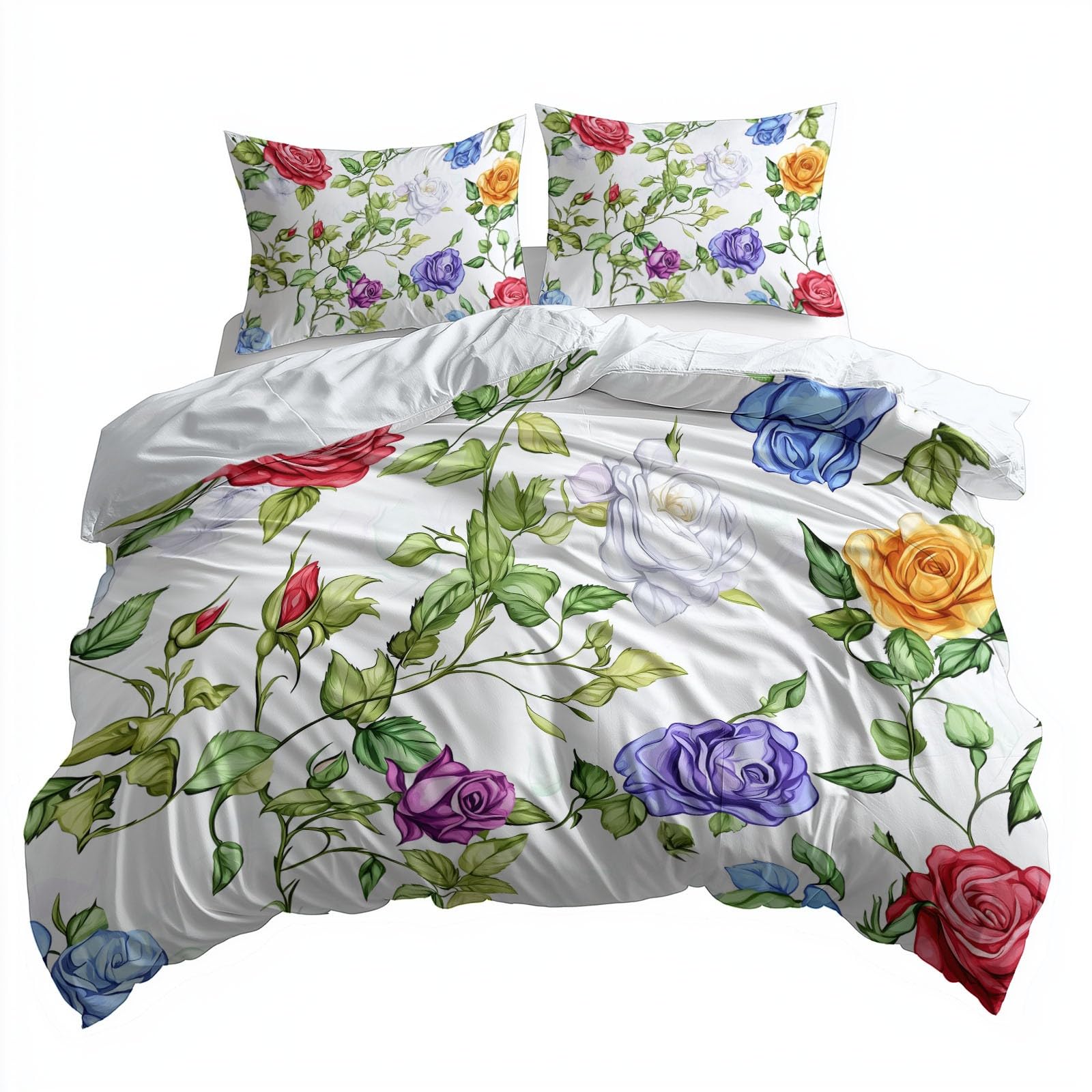 Generisch 3-częściowy komplet pościeli 200 x 220 cm, malowanie akwarelowe, róże, pościel z mikrofibry, miękka i przyjemna poszewka na kołdrę z zamkiem błyskawicznym + 2 poszewki na poduszkę 80 x 80 cm