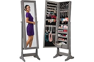 Full-Length Jewelry Armoire Mirror with Lockable Makeup Storage Shelves