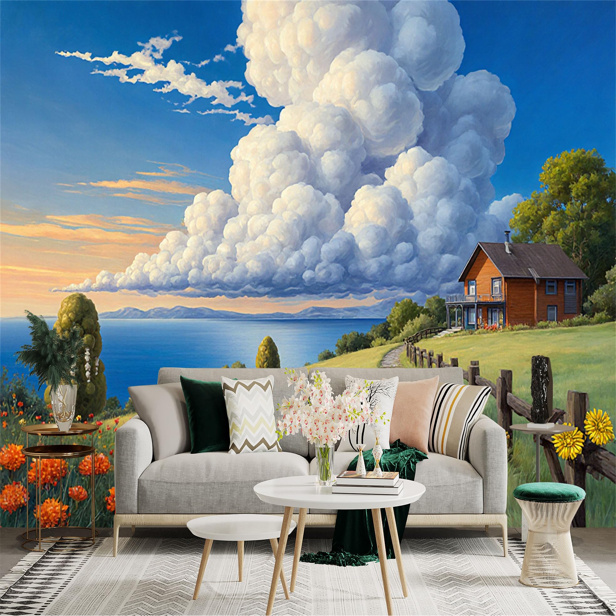 Custom Size Wall Sticker Mural， Peaceful Countryside Landscape with Wooden House， Ocean View， and Blooming Flowers， for wall Decoration， peelandstick wall Decals.