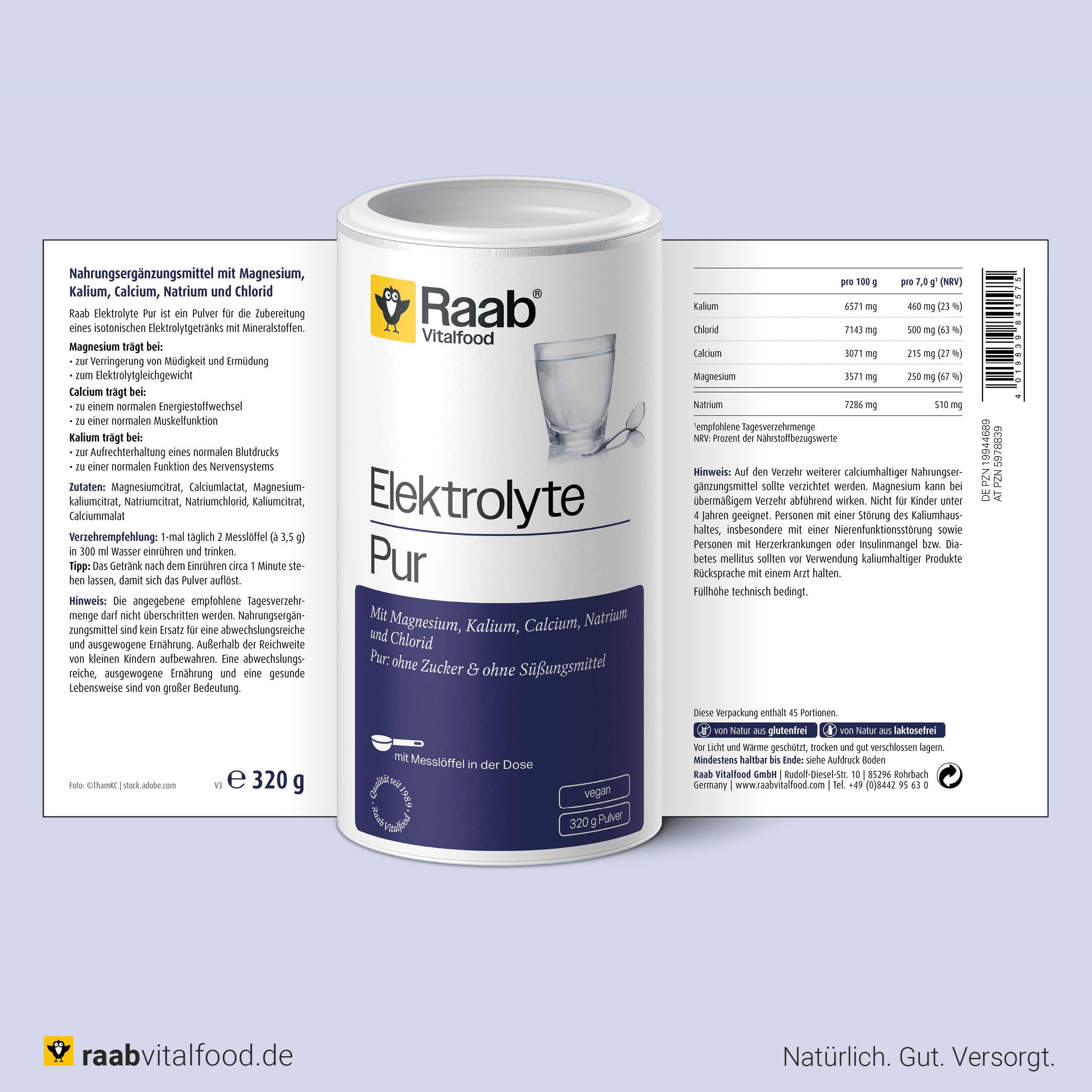 Raab Vitalfood Electrolytes Pur (320 g) - Végétalien, avec cuillère doseuse, poudre d'électrolytes sans sucre et sans édulcorant, parfait pour les sportifs en perte de liquide
