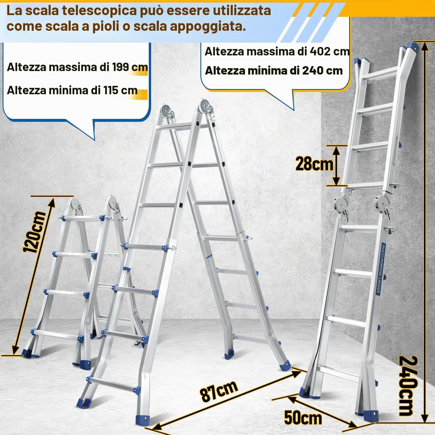 Daromigo Scala telescopica multifunzione, scala 3 in 1, 402 cm, 4 x 4 pioli, scaletta pieghevole, portata massima 150 kg, scala a scorrimento