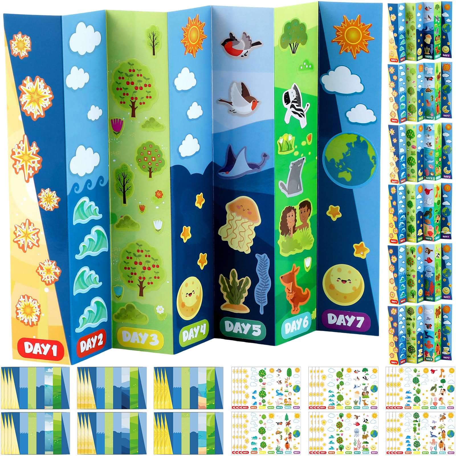 Weekgrat 24 Pcs 7 Days of Creation Sticker Scenes for Kids Fold up Creation Craft Religious DIY Stickers Scene Bulk Make Your Own Craft Gifts for Christian Sunday School Classroom Church Supply