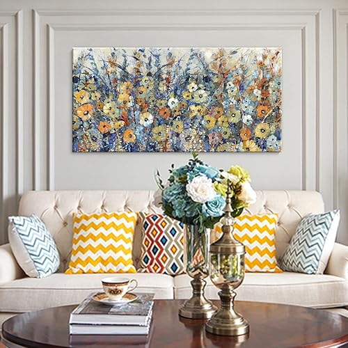 Art Hand Painted Contemporary Flowers Canvas Wall Art : Paintings for Wall Decorations Abstract Wall Art Wall Paintings for Living Room Home Office Ready to Hang 24X48Inch (Yellow)
