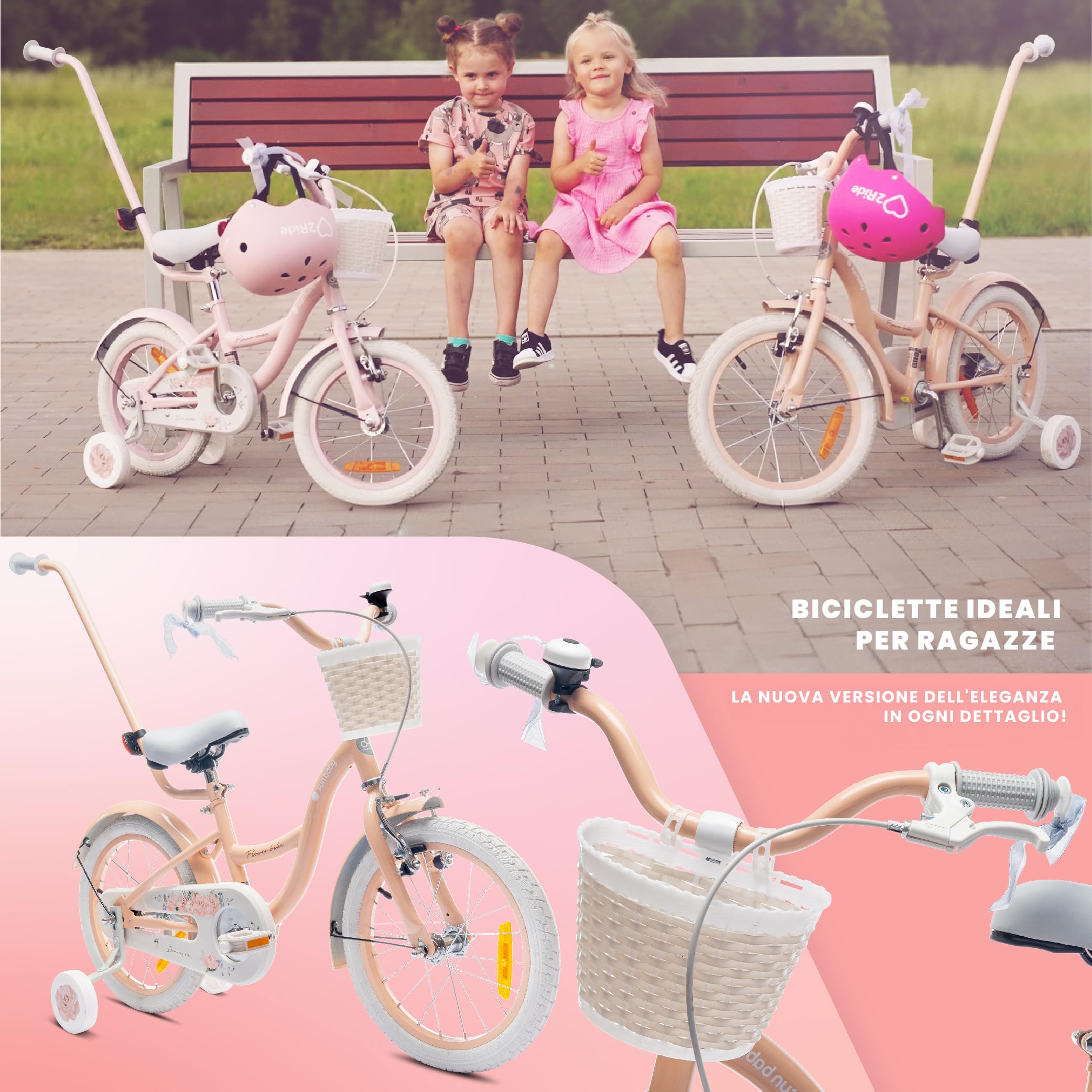 sun baby Flower Bike Bici bambina 12/14/16 pollici, bicicletta per bambini con rotelle, barra di spinta, cestino, campanello, freno contropedale e V-Brake