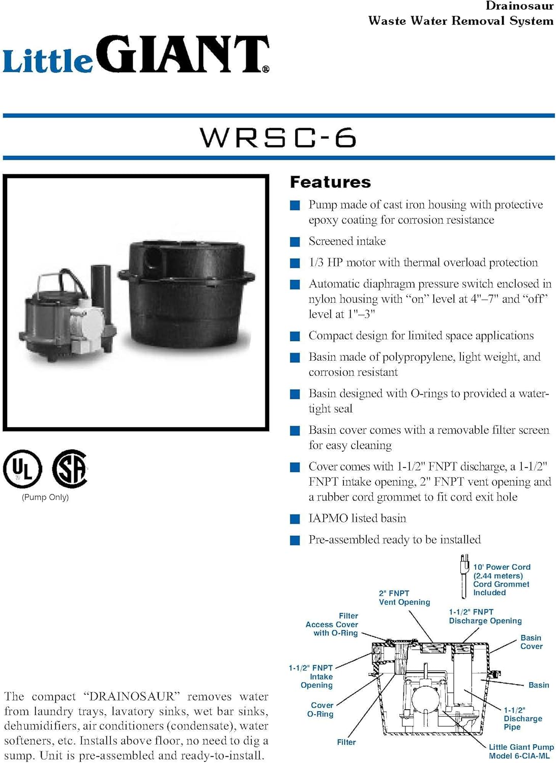 Little Giant 506066 WRSC-6 230 Volt 2700 GPH Cast-Iron Sump Pump