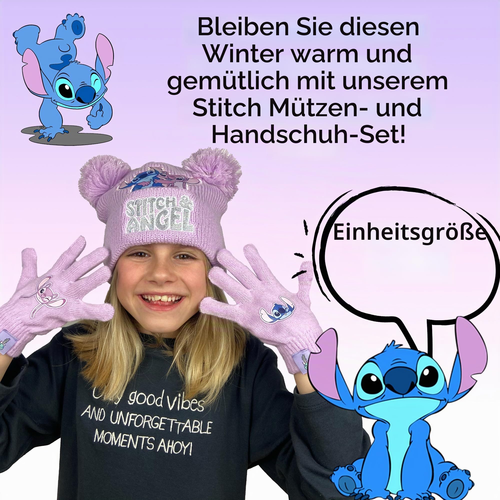 Disney Lilo & Stitch Wintermütze & Handschuhe Set für Mädchen - Warme & Kuschelige Beanie Mütze & Handschuhe - Perfekt für Kinder im Alter von 6-12 Jahren