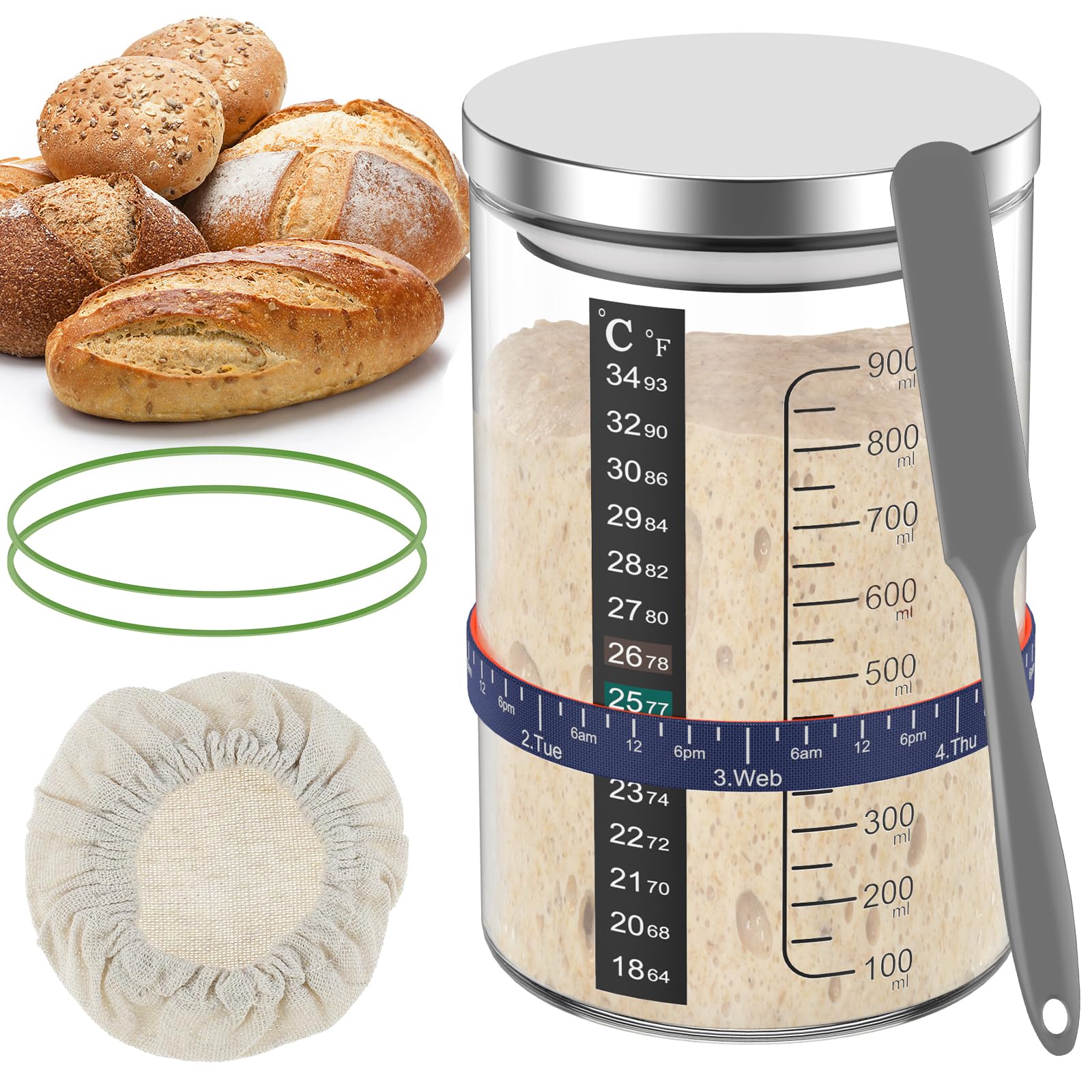 Nihuifdpy Set 10 Pro Sourdough Starter Kit With 900Ml Sourdough Starter Jar, Stainless Steel Lid, Grey Spatula, Positioning Strip, Temperature Paper, Cloth Cap And Rubber Bands For Making Delicious Breads