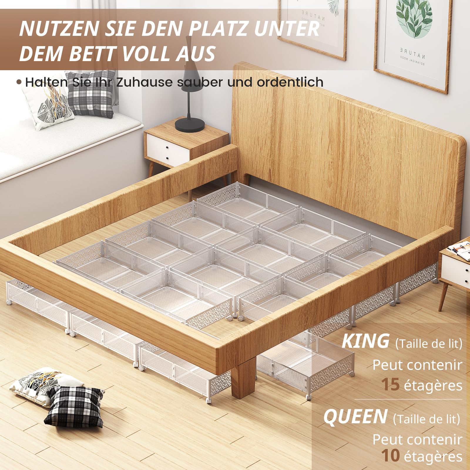 Lot de 2 Boîtes de Rangement sous le Lit avec Roulettes,en Métal,Blanc | Montage sans outil,glisse en douceur,accès facile,pour les lits bas-garde les vêtements,chaussures et chaussettes au frais