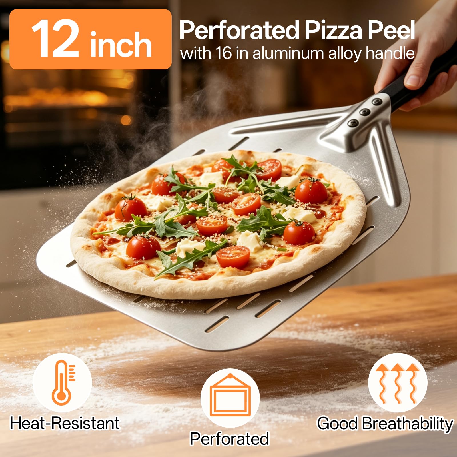 6tlg Pizza Schieber Set, Pizzaofen Zubehör mit 12 Zoll Pizzaschieber perforiert & 9 Zoll Pizzawender rund, Pizzaschaufel, Pizzaofen Bürste, Pizzaschneider & Teigschaber