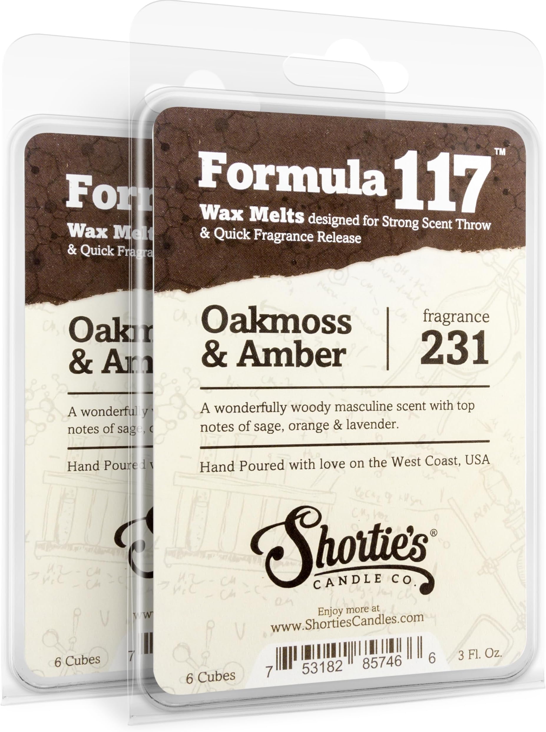 Shortie's Candle Company Oakmoss & Amber Wax Melts Multi Pack - Formula 117-2 Highly Scented 3 Oz. Bars (6 Oz. Total) - Made with Natural Oils - Incense & Earth Air Freshener Cubes Collection