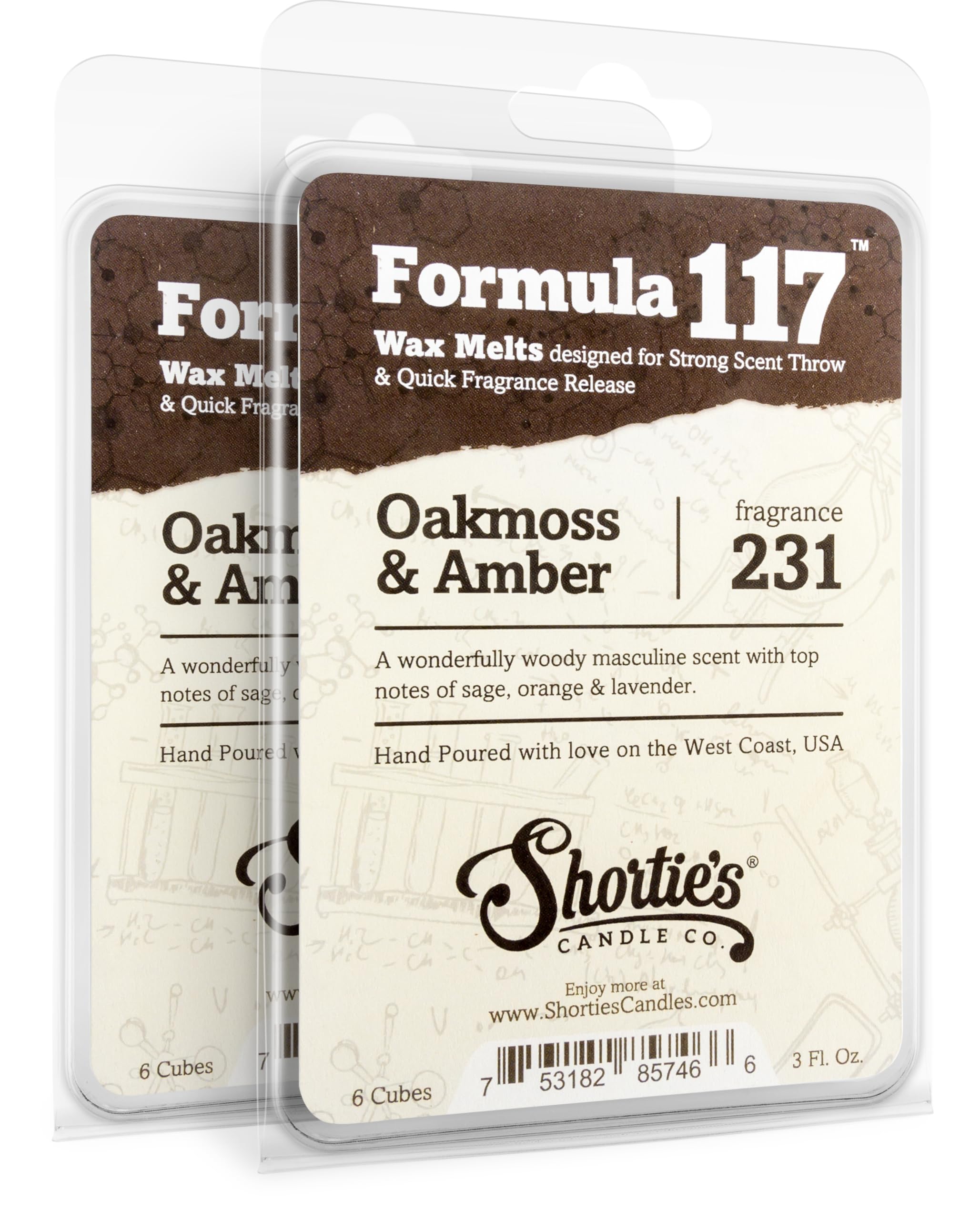 Shortie's Candle Company Oakmoss & Amber Wax Melts Multi Pack - Formula 117-2 Highly Scented 3 Oz. Bars (6 Oz. Total) - Made with Natural Oils - Incense & Earth Air Freshener Cubes Collection